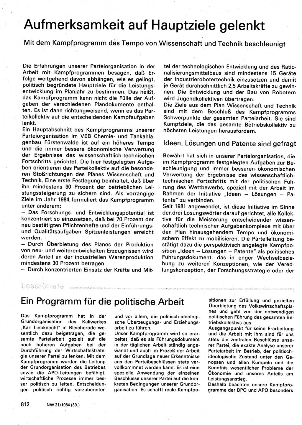 Neuer Weg (NW), Organ des Zentralkomitees (ZK) der SED (Sozialistische Einheitspartei Deutschlands) für Fragen des Parteilebens, 39. Jahrgang [Deutsche Demokratische Republik (DDR)] 1984, Seite 812 (NW ZK SED DDR 1984, S. 812)