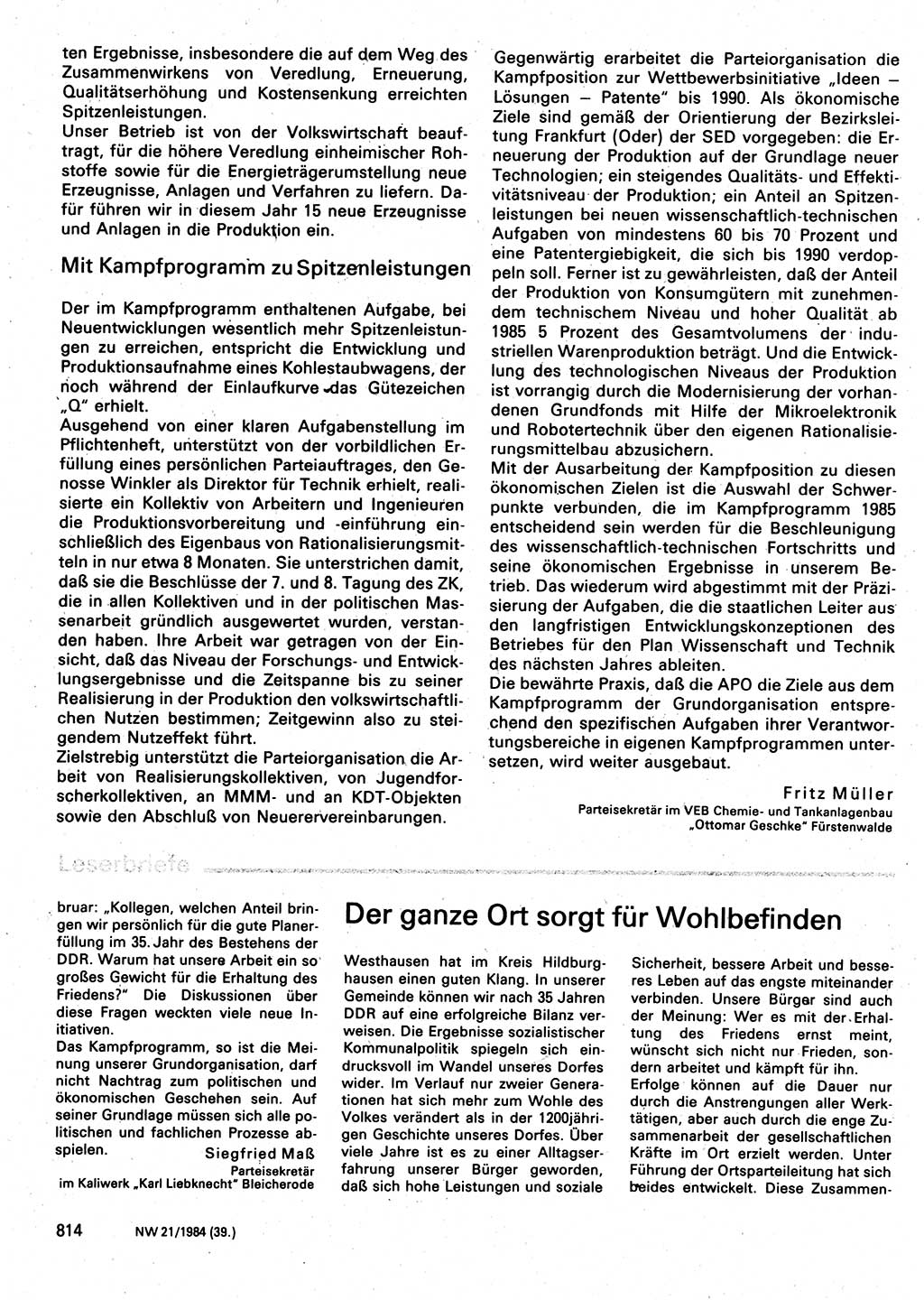 Neuer Weg (NW), Organ des Zentralkomitees (ZK) der SED (Sozialistische Einheitspartei Deutschlands) für Fragen des Parteilebens, 39. Jahrgang [Deutsche Demokratische Republik (DDR)] 1984, Seite 814 (NW ZK SED DDR 1984, S. 814)