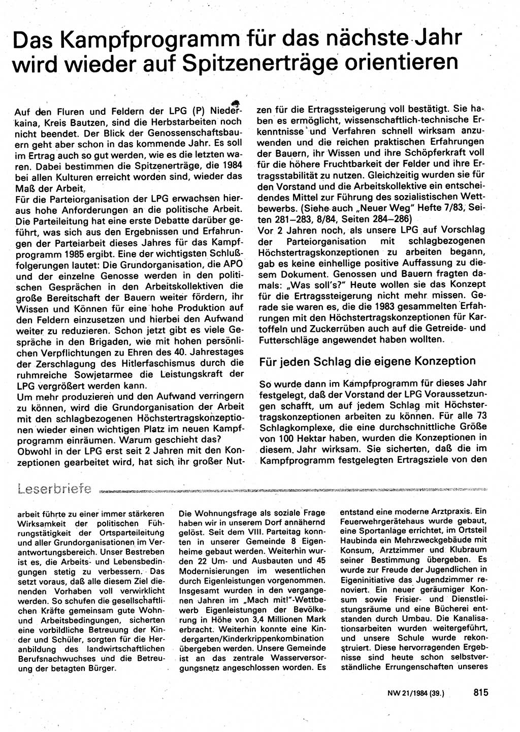 Neuer Weg (NW), Organ des Zentralkomitees (ZK) der SED (Sozialistische Einheitspartei Deutschlands) für Fragen des Parteilebens, 39. Jahrgang [Deutsche Demokratische Republik (DDR)] 1984, Seite 815 (NW ZK SED DDR 1984, S. 815)