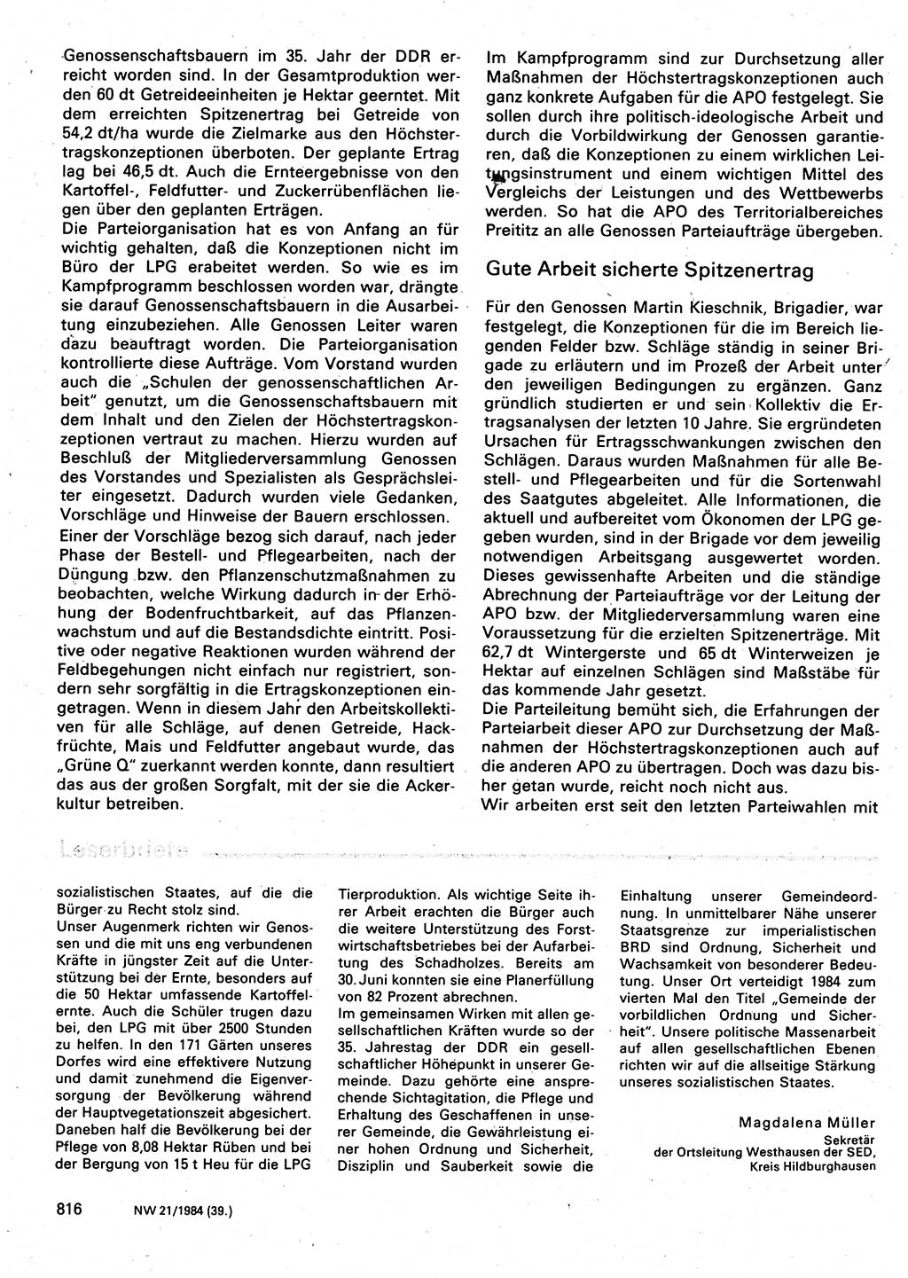 Neuer Weg (NW), Organ des Zentralkomitees (ZK) der SED (Sozialistische Einheitspartei Deutschlands) für Fragen des Parteilebens, 39. Jahrgang [Deutsche Demokratische Republik (DDR)] 1984, Seite 816 (NW ZK SED DDR 1984, S. 816)