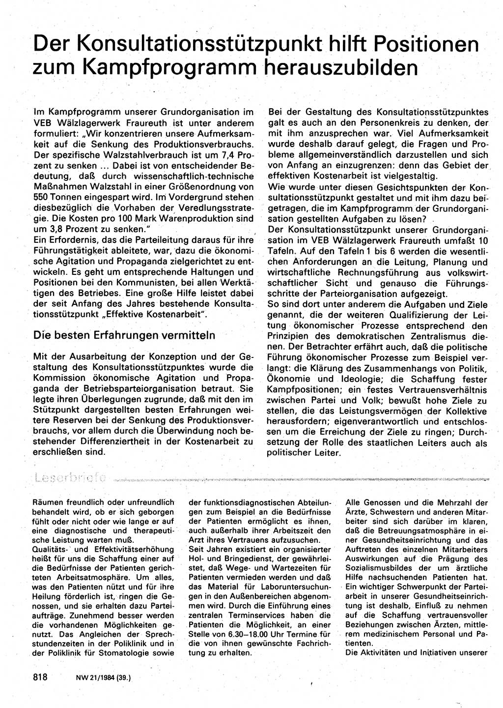 Neuer Weg (NW), Organ des Zentralkomitees (ZK) der SED (Sozialistische Einheitspartei Deutschlands) für Fragen des Parteilebens, 39. Jahrgang [Deutsche Demokratische Republik (DDR)] 1984, Seite 818 (NW ZK SED DDR 1984, S. 818)