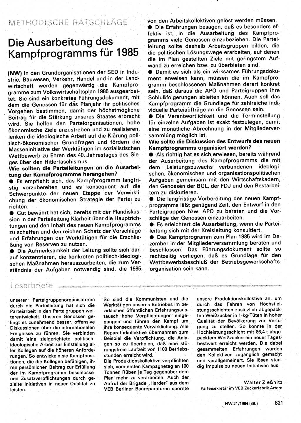 Neuer Weg (NW), Organ des Zentralkomitees (ZK) der SED (Sozialistische Einheitspartei Deutschlands) für Fragen des Parteilebens, 39. Jahrgang [Deutsche Demokratische Republik (DDR)] 1984, Seite 821 (NW ZK SED DDR 1984, S. 821)