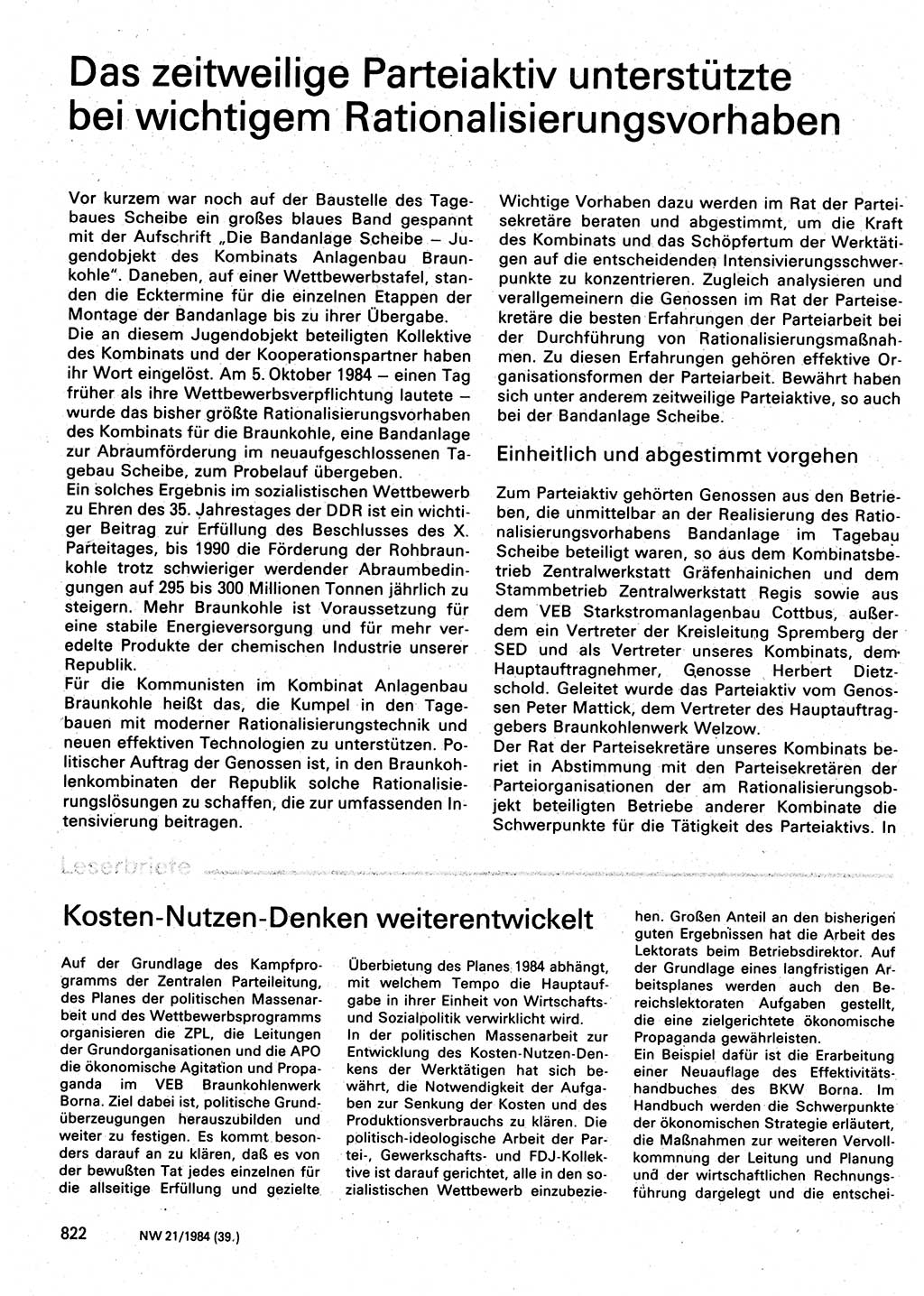 Neuer Weg (NW), Organ des Zentralkomitees (ZK) der SED (Sozialistische Einheitspartei Deutschlands) für Fragen des Parteilebens, 39. Jahrgang [Deutsche Demokratische Republik (DDR)] 1984, Seite 822 (NW ZK SED DDR 1984, S. 822)