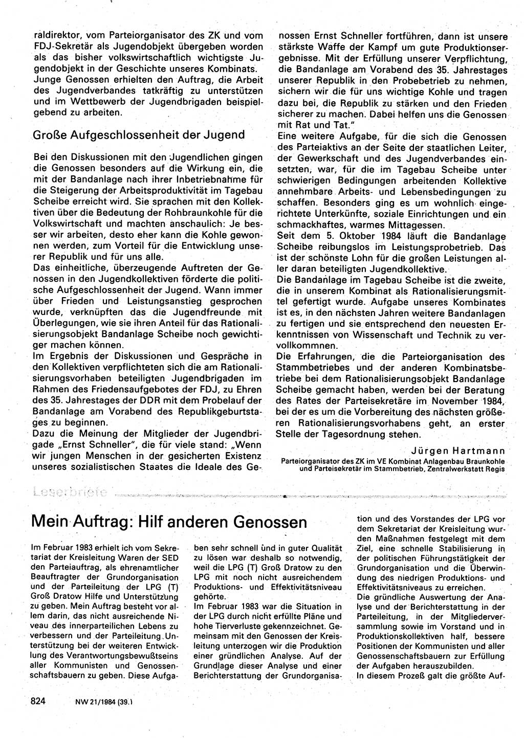 Neuer Weg (NW), Organ des Zentralkomitees (ZK) der SED (Sozialistische Einheitspartei Deutschlands) für Fragen des Parteilebens, 39. Jahrgang [Deutsche Demokratische Republik (DDR)] 1984, Seite 824 (NW ZK SED DDR 1984, S. 824)