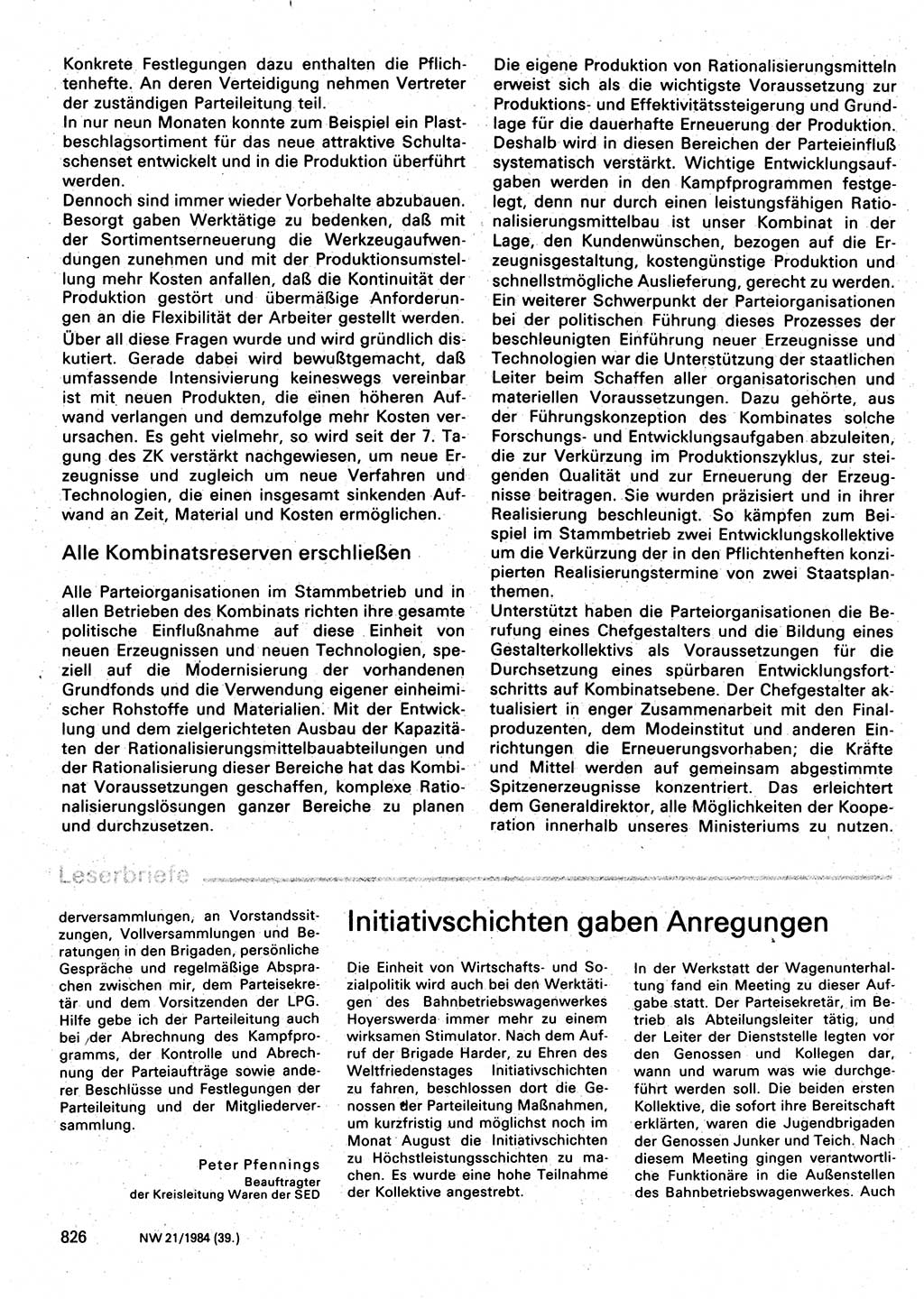 Neuer Weg (NW), Organ des Zentralkomitees (ZK) der SED (Sozialistische Einheitspartei Deutschlands) für Fragen des Parteilebens, 39. Jahrgang [Deutsche Demokratische Republik (DDR)] 1984, Seite 826 (NW ZK SED DDR 1984, S. 826)