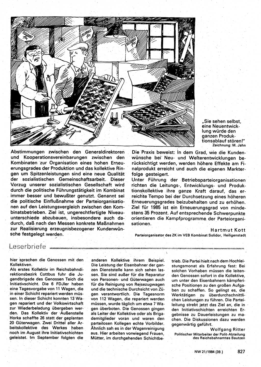 Neuer Weg (NW), Organ des Zentralkomitees (ZK) der SED (Sozialistische Einheitspartei Deutschlands) für Fragen des Parteilebens, 39. Jahrgang [Deutsche Demokratische Republik (DDR)] 1984, Seite 827 (NW ZK SED DDR 1984, S. 827)