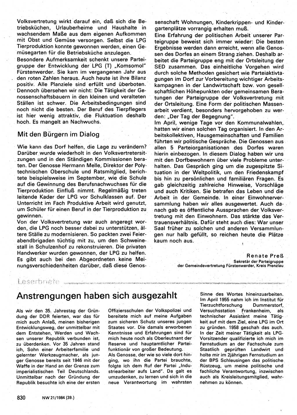 Neuer Weg (NW), Organ des Zentralkomitees (ZK) der SED (Sozialistische Einheitspartei Deutschlands) für Fragen des Parteilebens, 39. Jahrgang [Deutsche Demokratische Republik (DDR)] 1984, Seite 830 (NW ZK SED DDR 1984, S. 830)