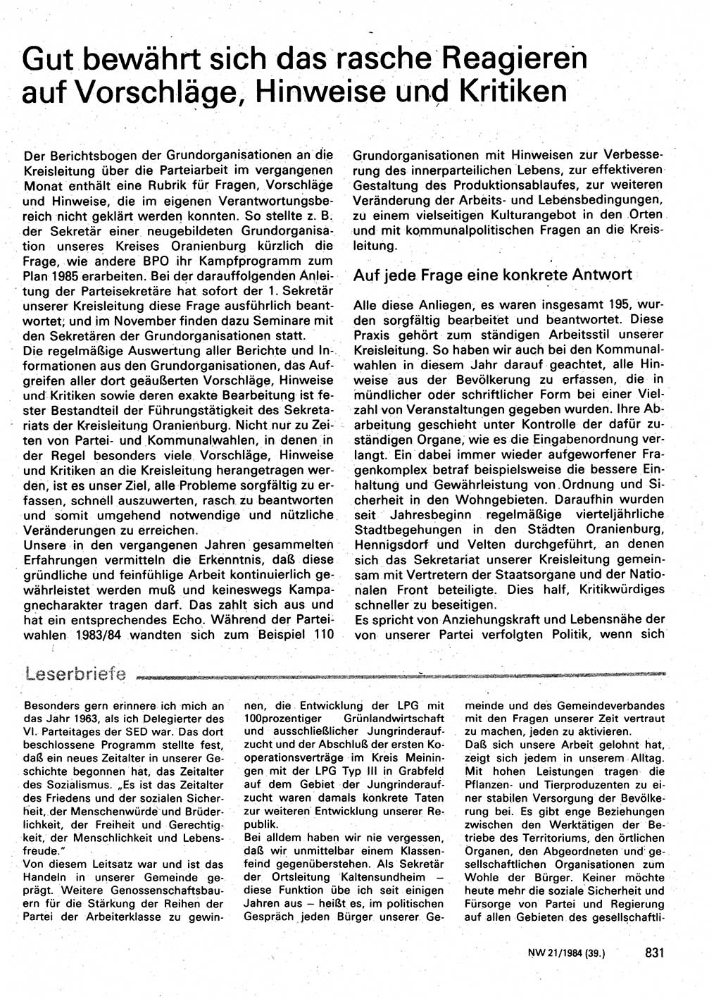 Neuer Weg (NW), Organ des Zentralkomitees (ZK) der SED (Sozialistische Einheitspartei Deutschlands) für Fragen des Parteilebens, 39. Jahrgang [Deutsche Demokratische Republik (DDR)] 1984, Seite 831 (NW ZK SED DDR 1984, S. 831)