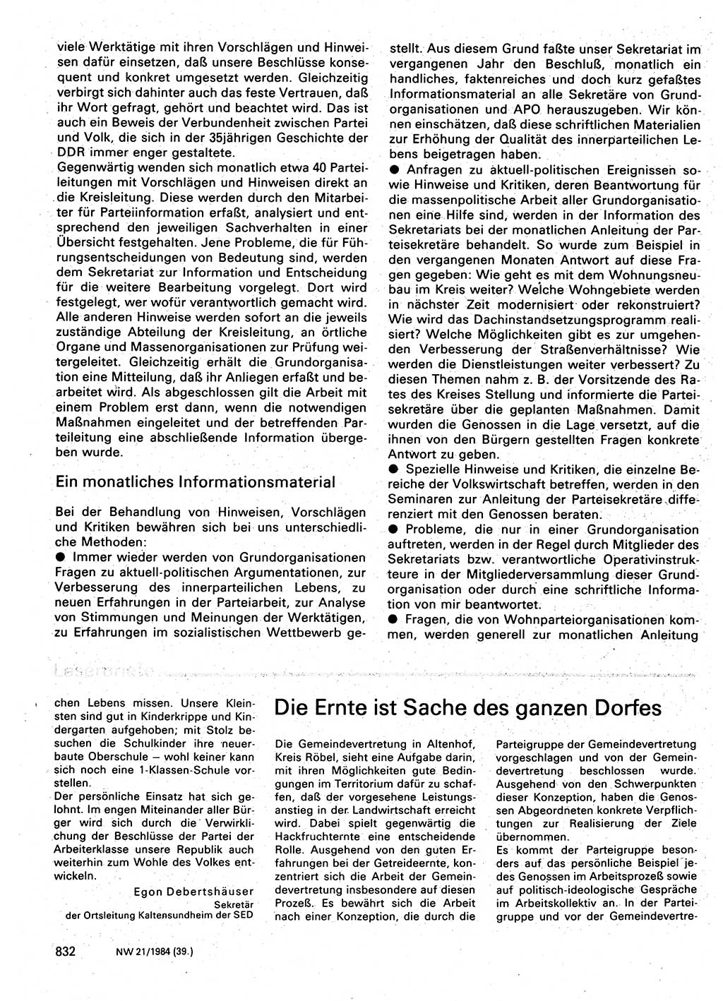 Neuer Weg (NW), Organ des Zentralkomitees (ZK) der SED (Sozialistische Einheitspartei Deutschlands) für Fragen des Parteilebens, 39. Jahrgang [Deutsche Demokratische Republik (DDR)] 1984, Seite 832 (NW ZK SED DDR 1984, S. 832)