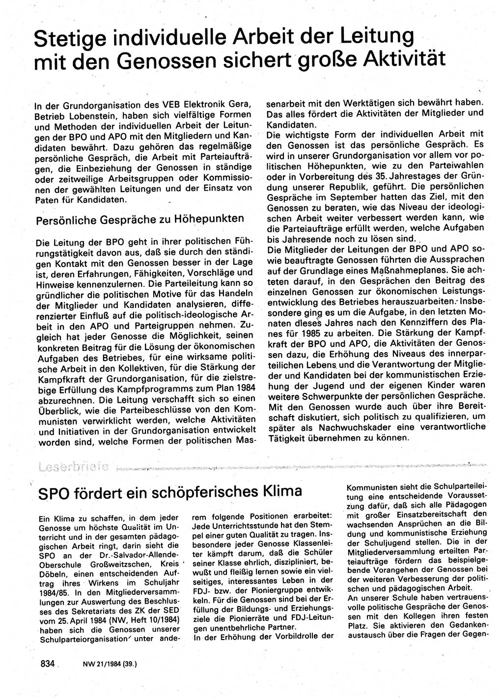 Neuer Weg (NW), Organ des Zentralkomitees (ZK) der SED (Sozialistische Einheitspartei Deutschlands) für Fragen des Parteilebens, 39. Jahrgang [Deutsche Demokratische Republik (DDR)] 1984, Seite 834 (NW ZK SED DDR 1984, S. 834)