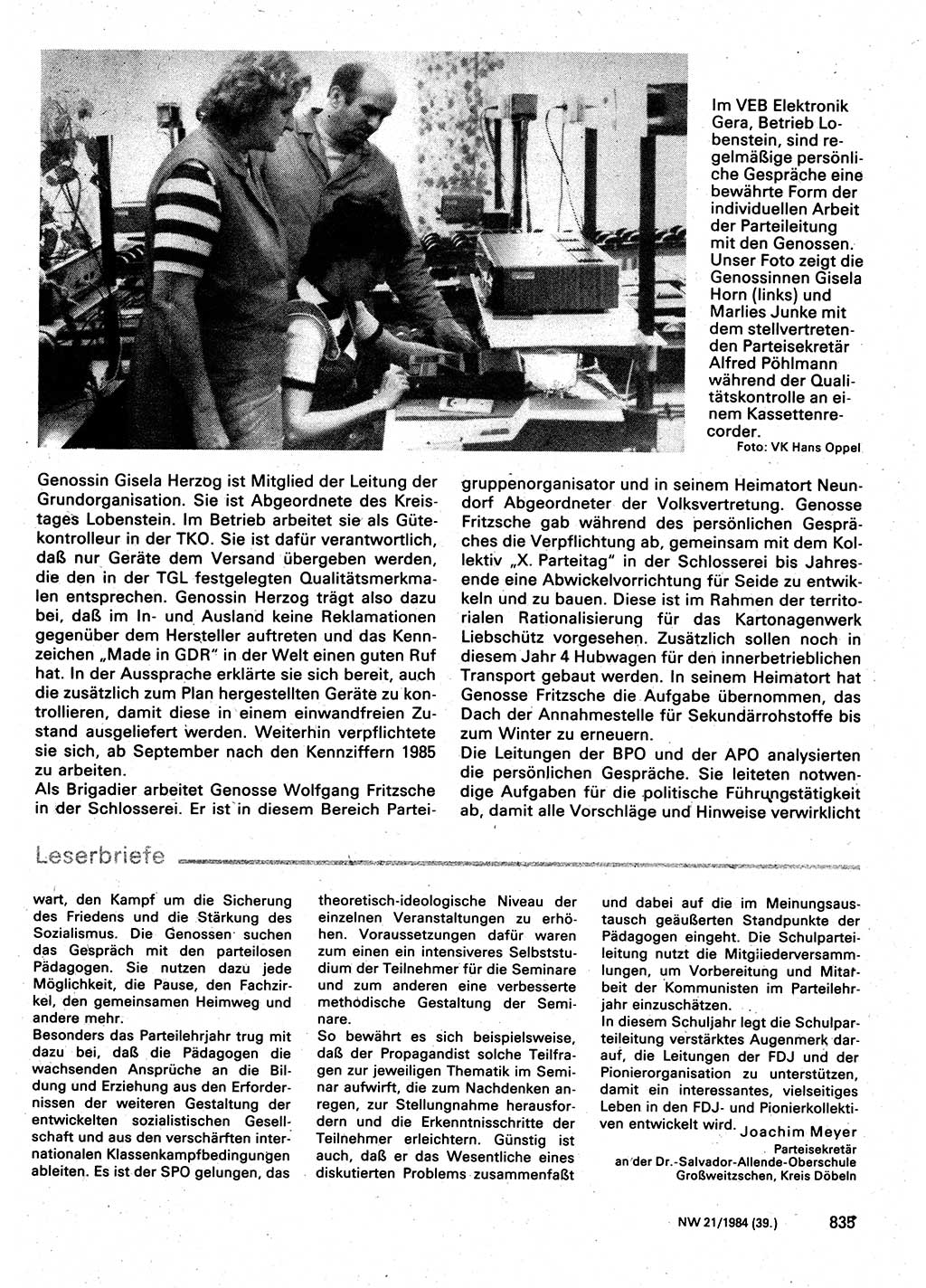 Neuer Weg (NW), Organ des Zentralkomitees (ZK) der SED (Sozialistische Einheitspartei Deutschlands) für Fragen des Parteilebens, 39. Jahrgang [Deutsche Demokratische Republik (DDR)] 1984, Seite 835 (NW ZK SED DDR 1984, S. 835)