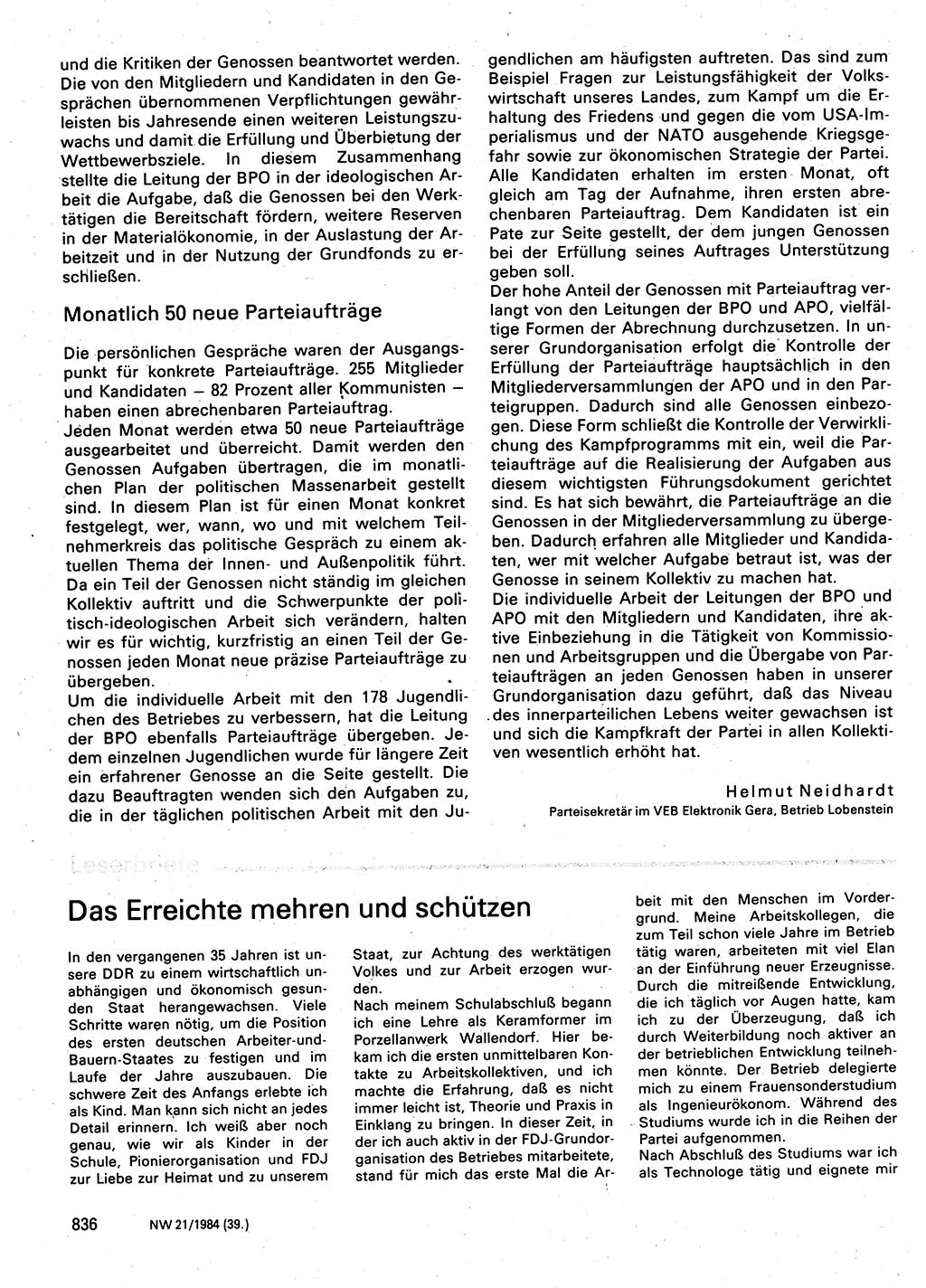 Neuer Weg (NW), Organ des Zentralkomitees (ZK) der SED (Sozialistische Einheitspartei Deutschlands) für Fragen des Parteilebens, 39. Jahrgang [Deutsche Demokratische Republik (DDR)] 1984, Seite 836 (NW ZK SED DDR 1984, S. 836)