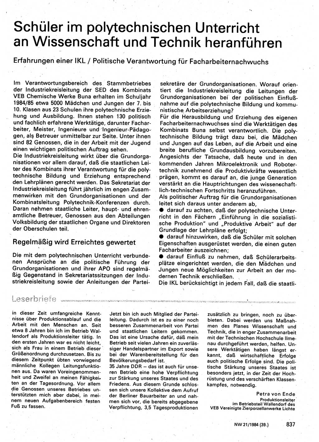 Neuer Weg (NW), Organ des Zentralkomitees (ZK) der SED (Sozialistische Einheitspartei Deutschlands) für Fragen des Parteilebens, 39. Jahrgang [Deutsche Demokratische Republik (DDR)] 1984, Seite 837 (NW ZK SED DDR 1984, S. 837)