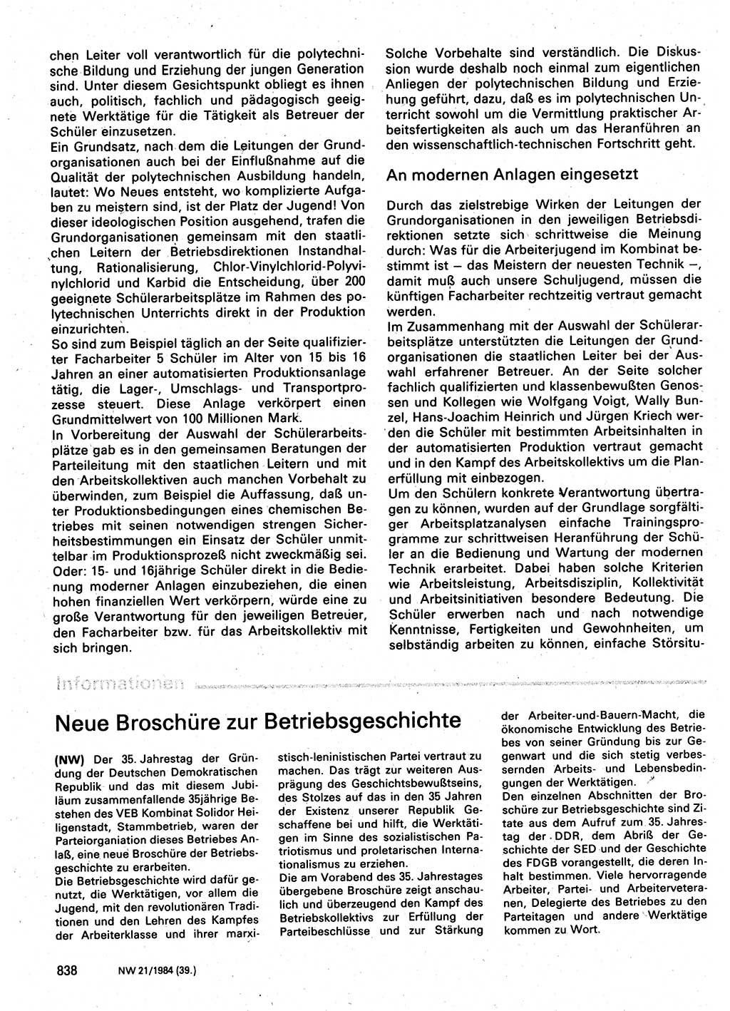 Neuer Weg (NW), Organ des Zentralkomitees (ZK) der SED (Sozialistische Einheitspartei Deutschlands) für Fragen des Parteilebens, 39. Jahrgang [Deutsche Demokratische Republik (DDR)] 1984, Seite 838 (NW ZK SED DDR 1984, S. 838)