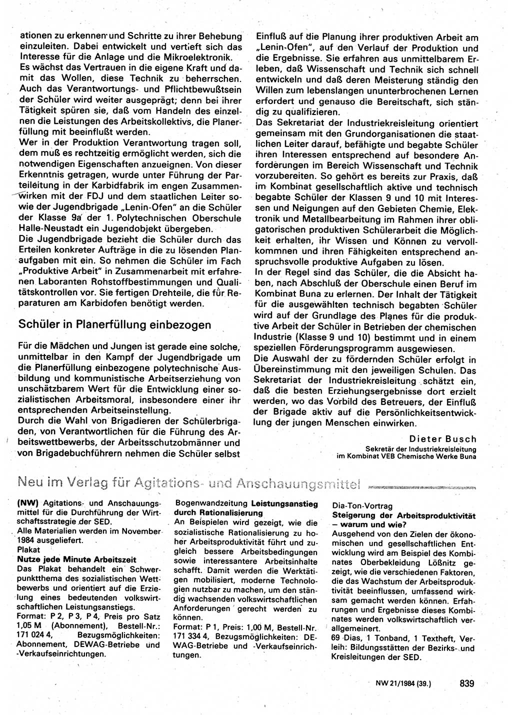 Neuer Weg (NW), Organ des Zentralkomitees (ZK) der SED (Sozialistische Einheitspartei Deutschlands) für Fragen des Parteilebens, 39. Jahrgang [Deutsche Demokratische Republik (DDR)] 1984, Seite 839 (NW ZK SED DDR 1984, S. 839)