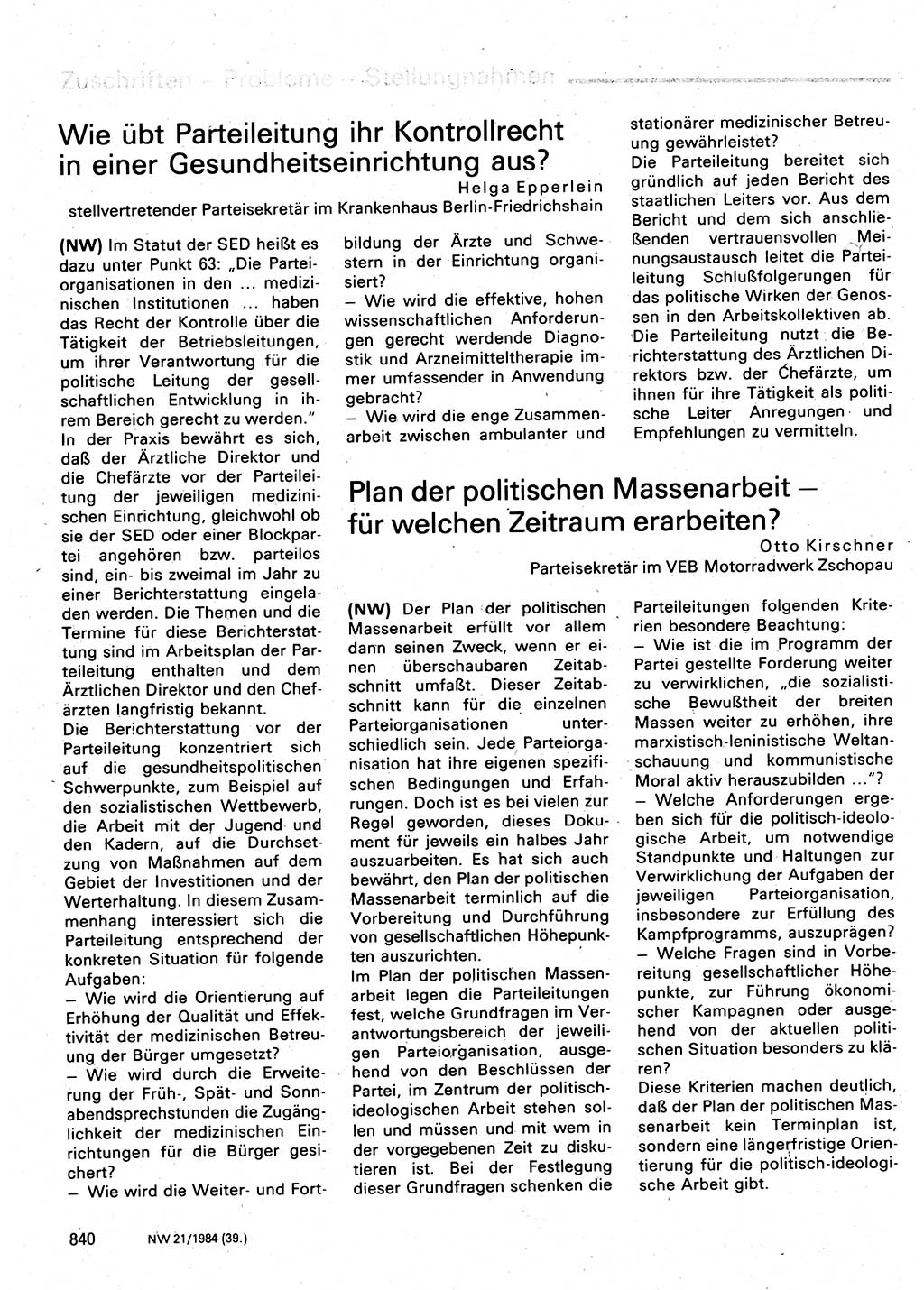 Neuer Weg (NW), Organ des Zentralkomitees (ZK) der SED (Sozialistische Einheitspartei Deutschlands) für Fragen des Parteilebens, 39. Jahrgang [Deutsche Demokratische Republik (DDR)] 1984, Seite 840 (NW ZK SED DDR 1984, S. 840)
