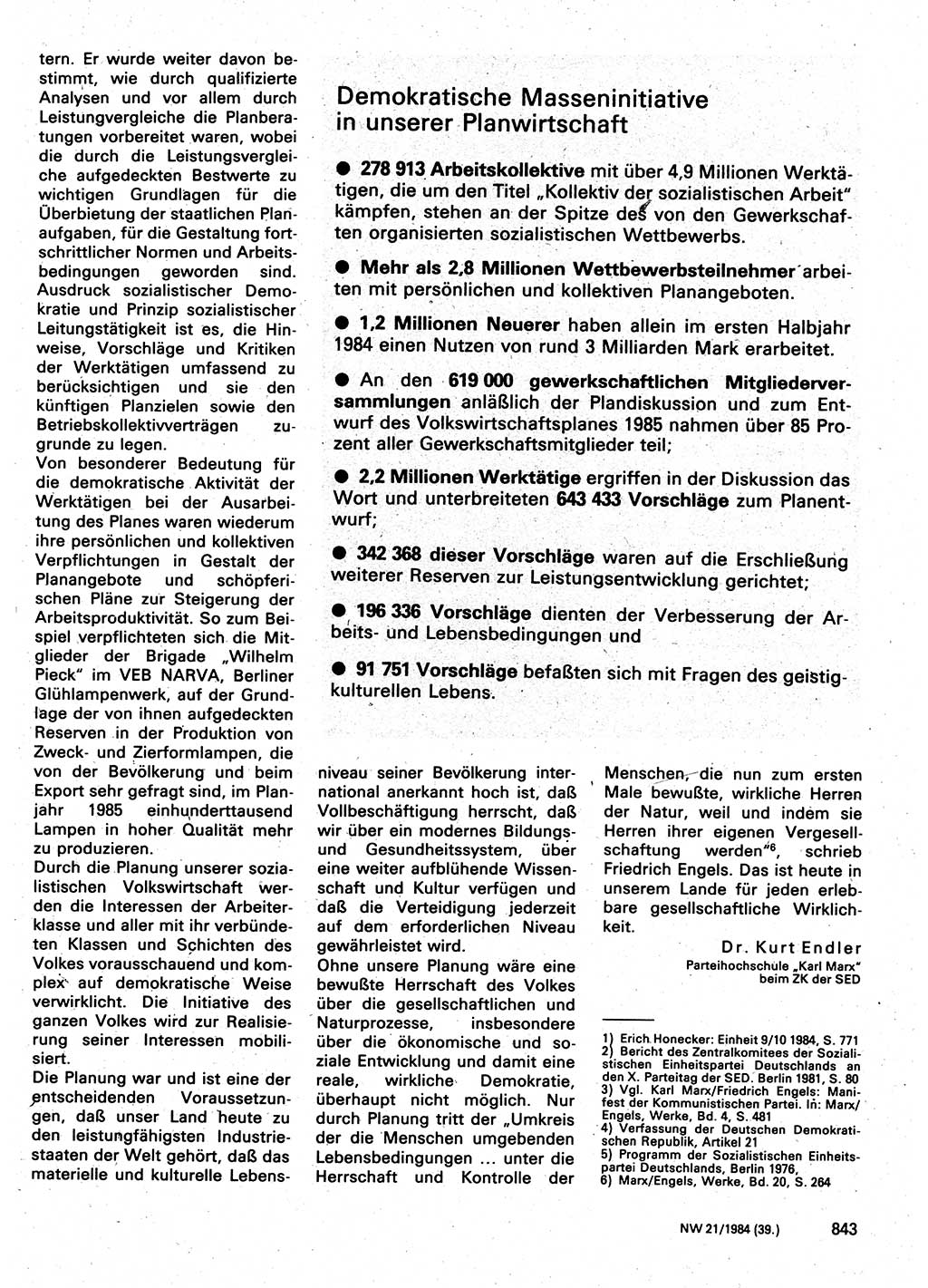 Neuer Weg (NW), Organ des Zentralkomitees (ZK) der SED (Sozialistische Einheitspartei Deutschlands) für Fragen des Parteilebens, 39. Jahrgang [Deutsche Demokratische Republik (DDR)] 1984, Seite 843 (NW ZK SED DDR 1984, S. 843)