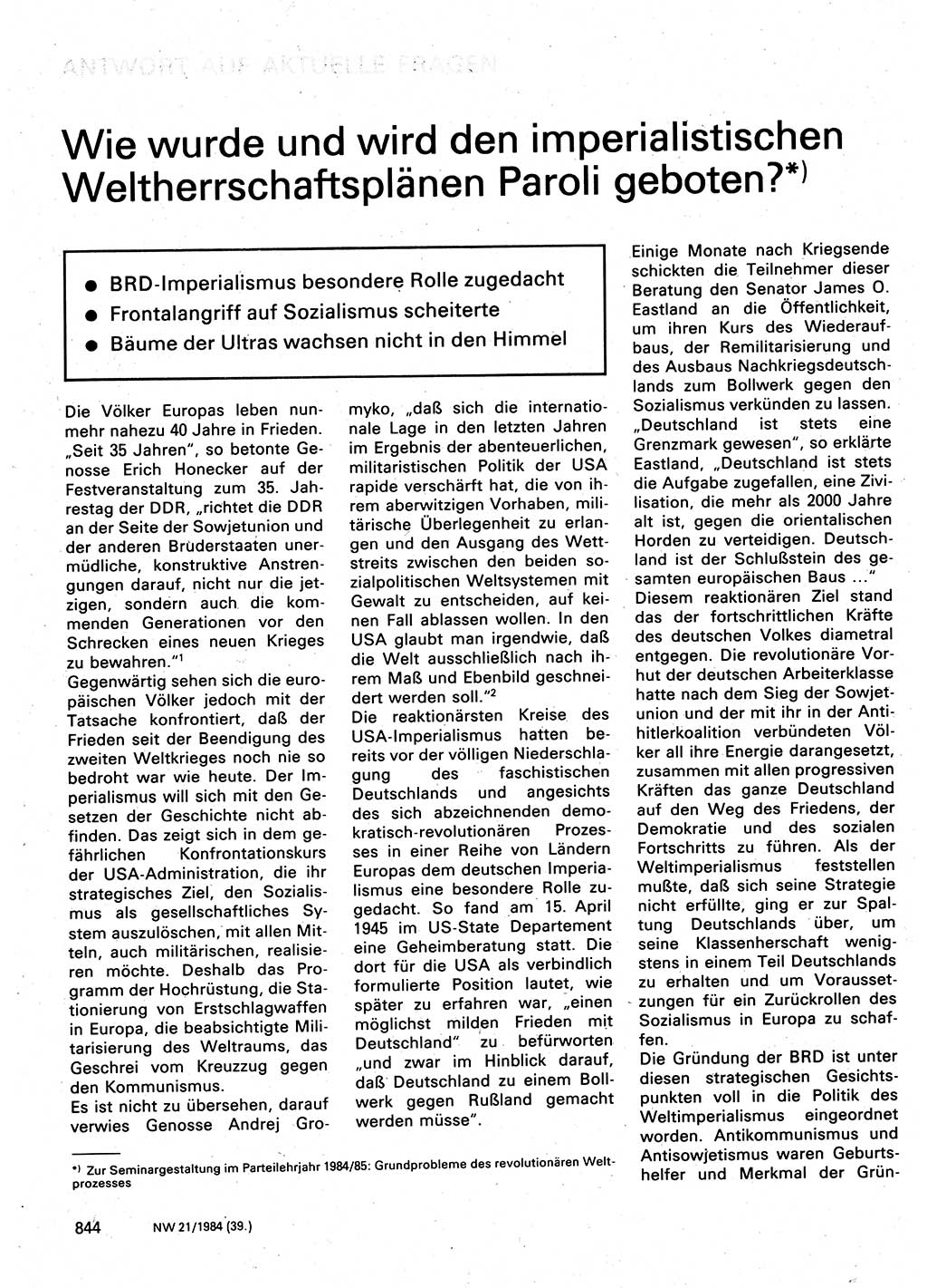 Neuer Weg (NW), Organ des Zentralkomitees (ZK) der SED (Sozialistische Einheitspartei Deutschlands) für Fragen des Parteilebens, 39. Jahrgang [Deutsche Demokratische Republik (DDR)] 1984, Seite 844 (NW ZK SED DDR 1984, S. 844)