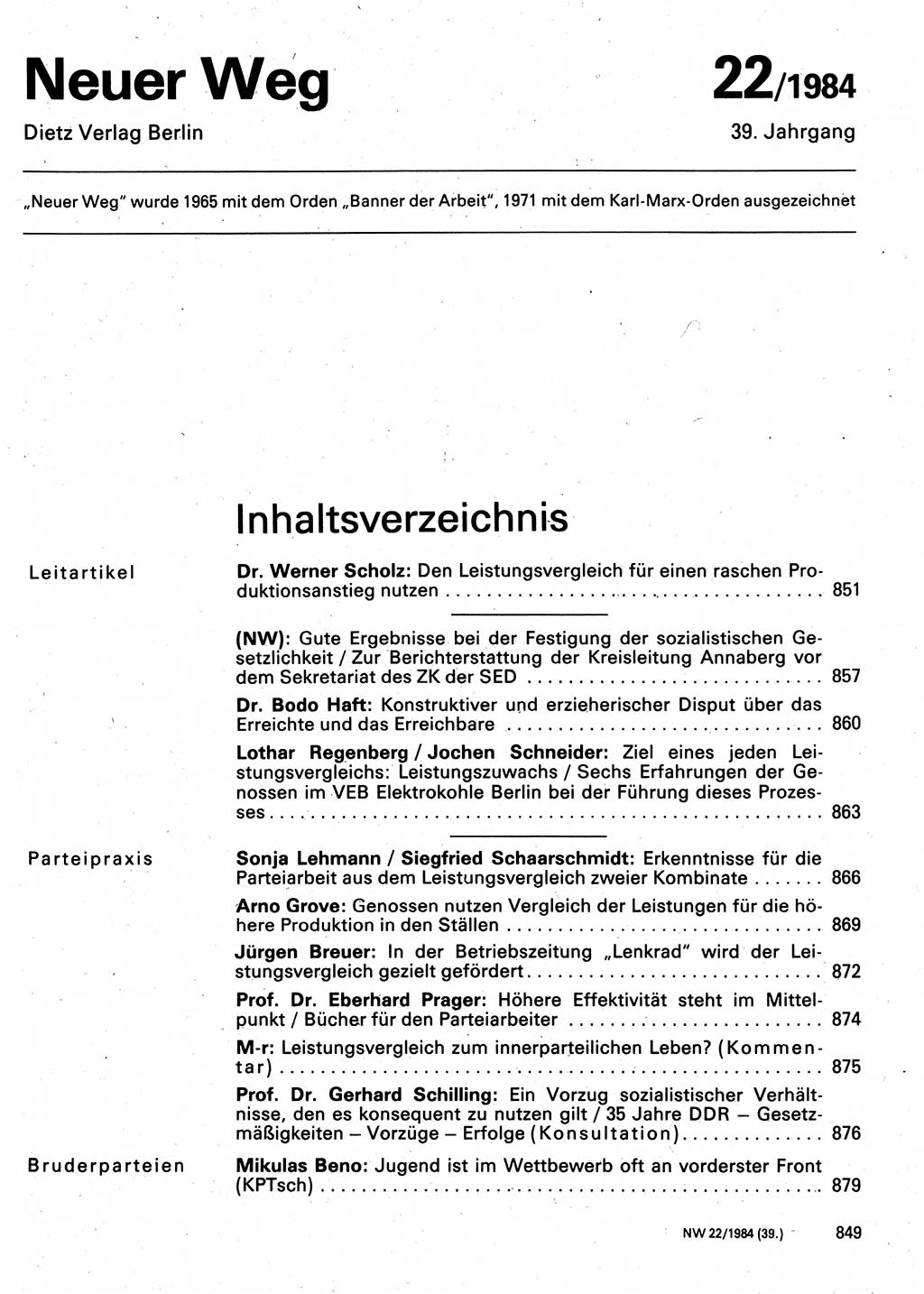 Neuer Weg (NW), Organ des Zentralkomitees (ZK) der SED (Sozialistische Einheitspartei Deutschlands) für Fragen des Parteilebens, 39. Jahrgang [Deutsche Demokratische Republik (DDR)] 1984, Seite 849 (NW ZK SED DDR 1984, S. 849)