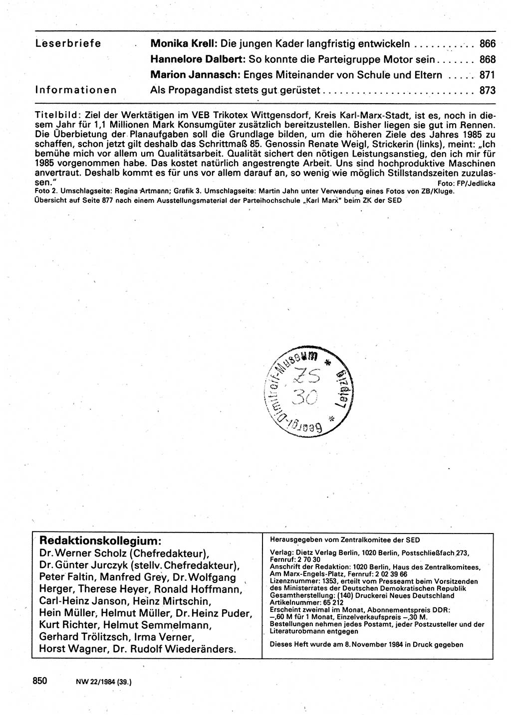 Neuer Weg (NW), Organ des Zentralkomitees (ZK) der SED (Sozialistische Einheitspartei Deutschlands) für Fragen des Parteilebens, 39. Jahrgang [Deutsche Demokratische Republik (DDR)] 1984, Seite 850 (NW ZK SED DDR 1984, S. 850)