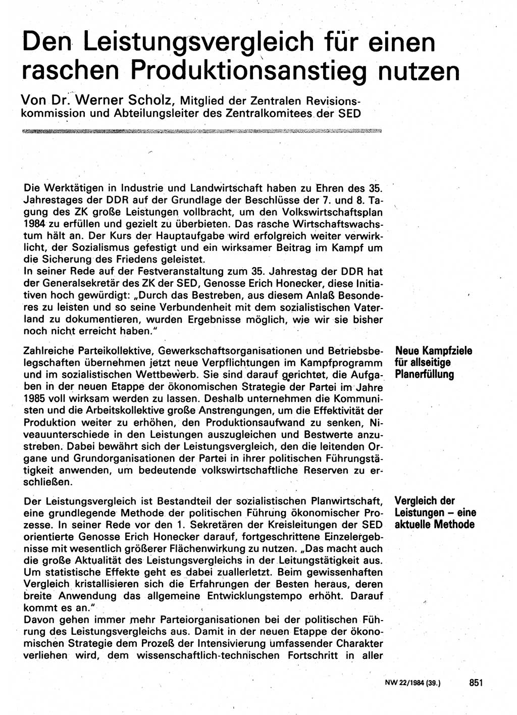 Neuer Weg (NW), Organ des Zentralkomitees (ZK) der SED (Sozialistische Einheitspartei Deutschlands) für Fragen des Parteilebens, 39. Jahrgang [Deutsche Demokratische Republik (DDR)] 1984, Seite 851 (NW ZK SED DDR 1984, S. 851)