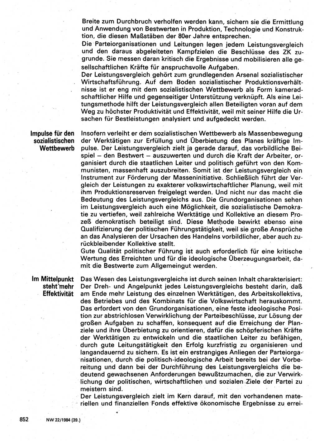 Neuer Weg (NW), Organ des Zentralkomitees (ZK) der SED (Sozialistische Einheitspartei Deutschlands) für Fragen des Parteilebens, 39. Jahrgang [Deutsche Demokratische Republik (DDR)] 1984, Seite 852 (NW ZK SED DDR 1984, S. 852)