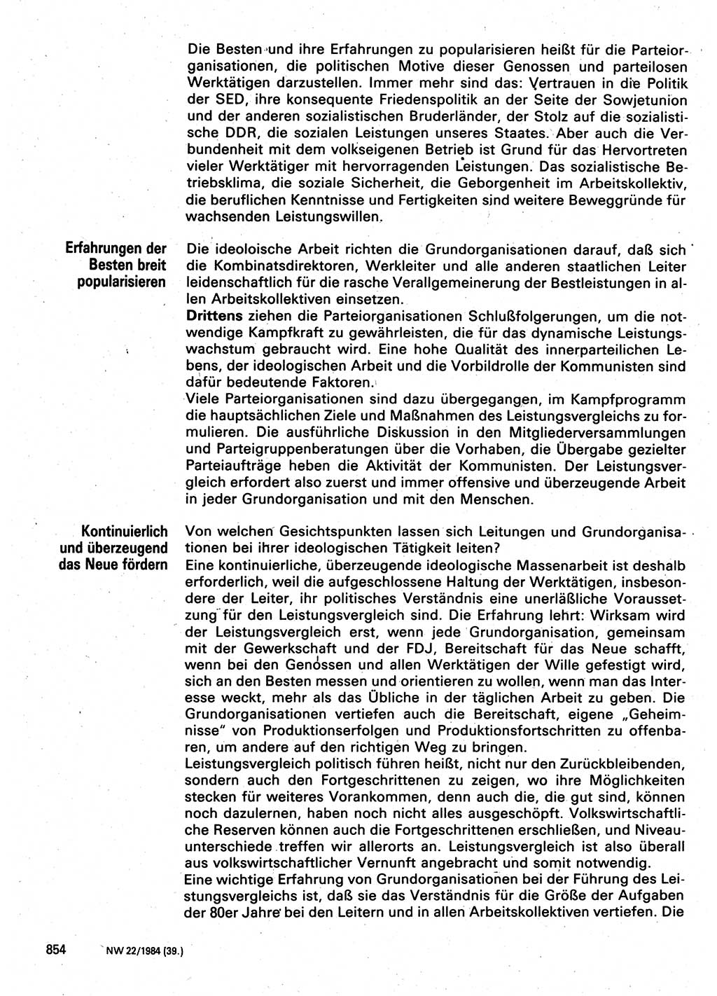 Neuer Weg (NW), Organ des Zentralkomitees (ZK) der SED (Sozialistische Einheitspartei Deutschlands) für Fragen des Parteilebens, 39. Jahrgang [Deutsche Demokratische Republik (DDR)] 1984, Seite 854 (NW ZK SED DDR 1984, S. 854)