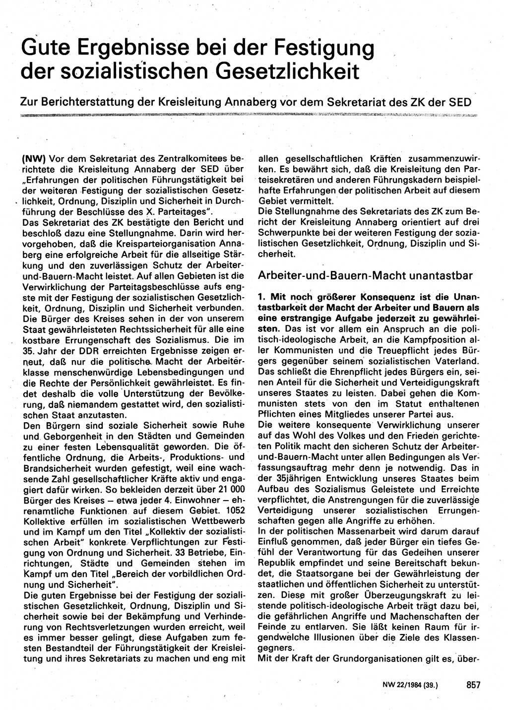 Neuer Weg (NW), Organ des Zentralkomitees (ZK) der SED (Sozialistische Einheitspartei Deutschlands) für Fragen des Parteilebens, 39. Jahrgang [Deutsche Demokratische Republik (DDR)] 1984, Seite 857 (NW ZK SED DDR 1984, S. 857)