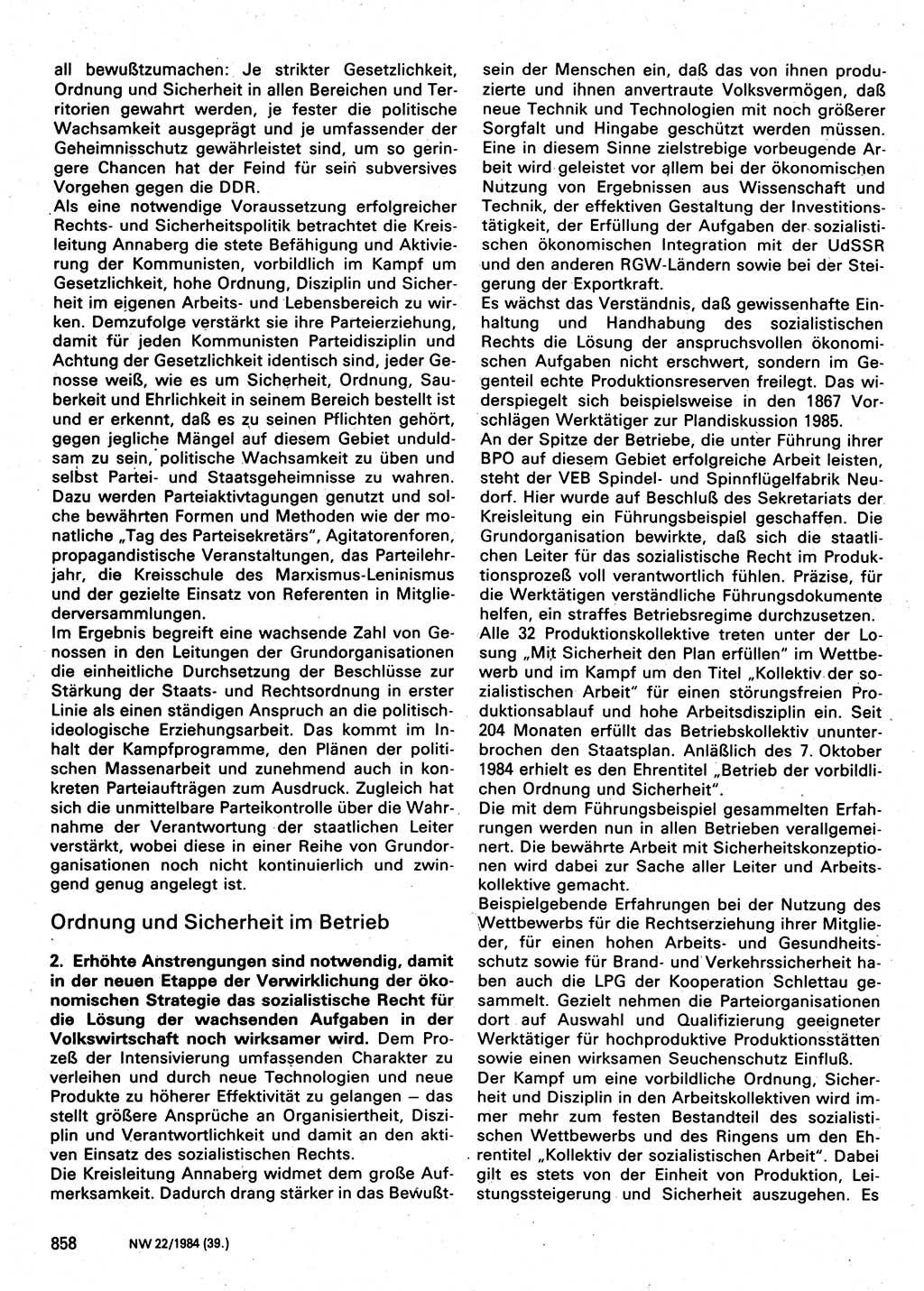 Neuer Weg (NW), Organ des Zentralkomitees (ZK) der SED (Sozialistische Einheitspartei Deutschlands) für Fragen des Parteilebens, 39. Jahrgang [Deutsche Demokratische Republik (DDR)] 1984, Seite 858 (NW ZK SED DDR 1984, S. 858)