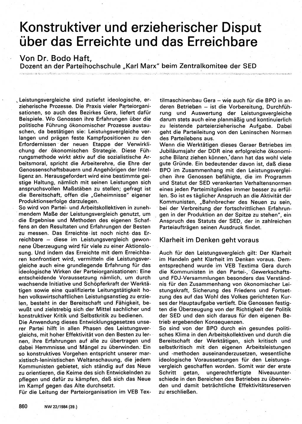 Neuer Weg (NW), Organ des Zentralkomitees (ZK) der SED (Sozialistische Einheitspartei Deutschlands) für Fragen des Parteilebens, 39. Jahrgang [Deutsche Demokratische Republik (DDR)] 1984, Seite 860 (NW ZK SED DDR 1984, S. 860)