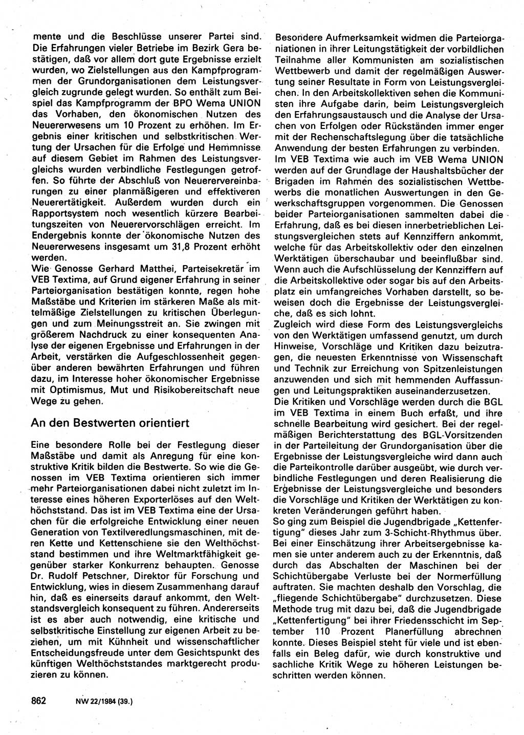 Neuer Weg (NW), Organ des Zentralkomitees (ZK) der SED (Sozialistische Einheitspartei Deutschlands) für Fragen des Parteilebens, 39. Jahrgang [Deutsche Demokratische Republik (DDR)] 1984, Seite 862 (NW ZK SED DDR 1984, S. 862)