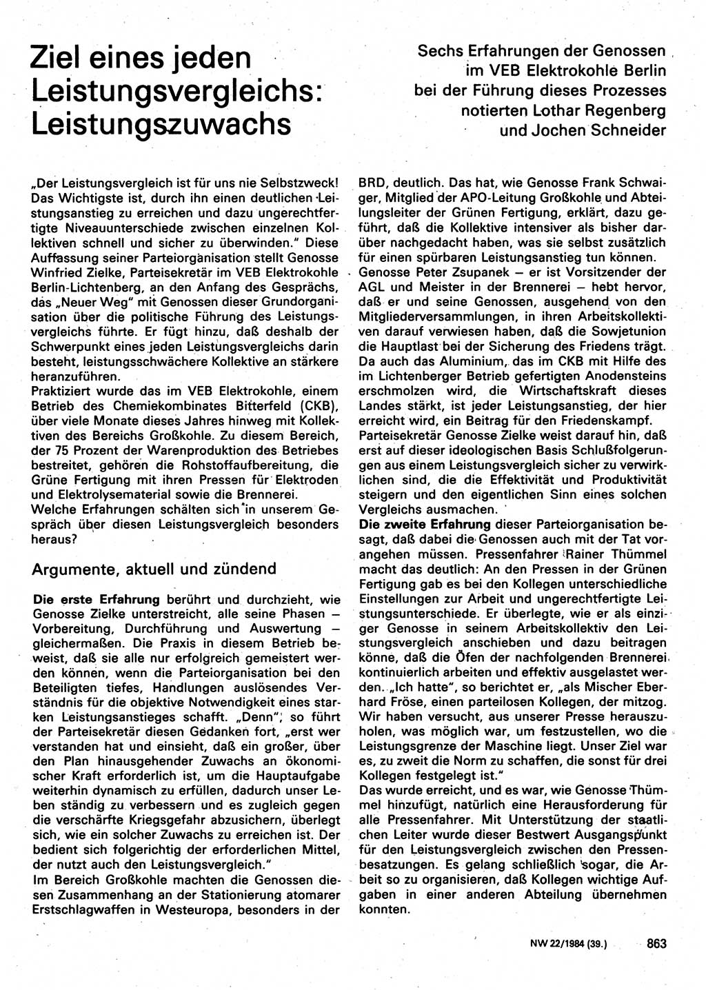 Neuer Weg (NW), Organ des Zentralkomitees (ZK) der SED (Sozialistische Einheitspartei Deutschlands) für Fragen des Parteilebens, 39. Jahrgang [Deutsche Demokratische Republik (DDR)] 1984, Seite 863 (NW ZK SED DDR 1984, S. 863)