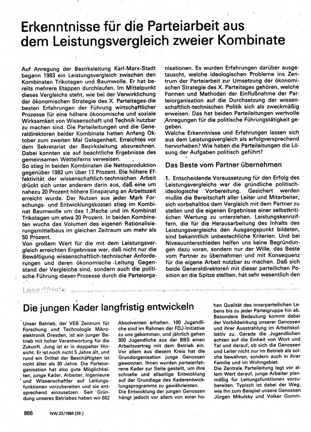 Neuer Weg (NW), Organ des Zentralkomitees (ZK) der SED (Sozialistische Einheitspartei Deutschlands) für Fragen des Parteilebens, 39. Jahrgang [Deutsche Demokratische Republik (DDR)] 1984, Seite 866 (NW ZK SED DDR 1984, S. 866)