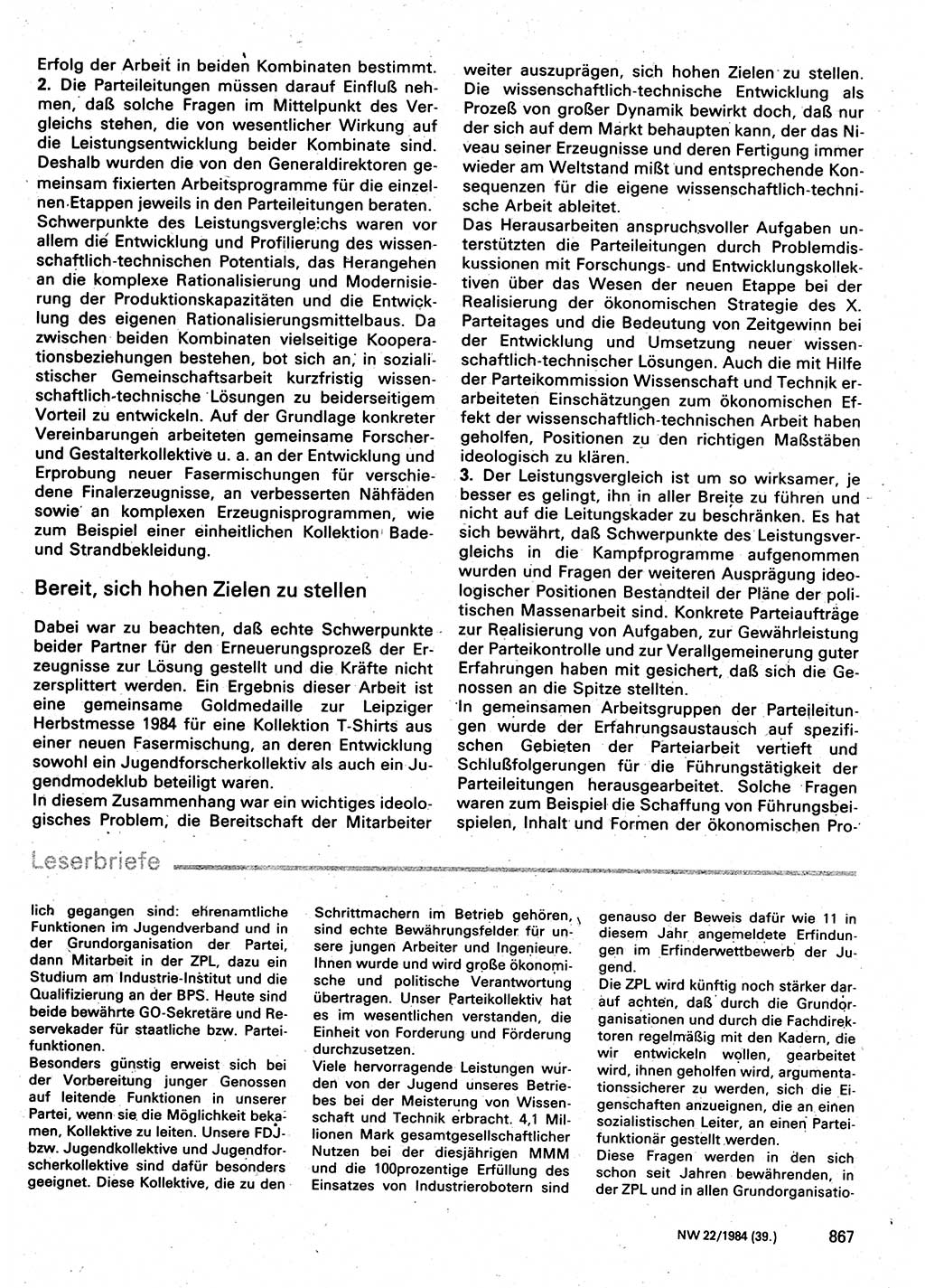 Neuer Weg (NW), Organ des Zentralkomitees (ZK) der SED (Sozialistische Einheitspartei Deutschlands) für Fragen des Parteilebens, 39. Jahrgang [Deutsche Demokratische Republik (DDR)] 1984, Seite 867 (NW ZK SED DDR 1984, S. 867)
