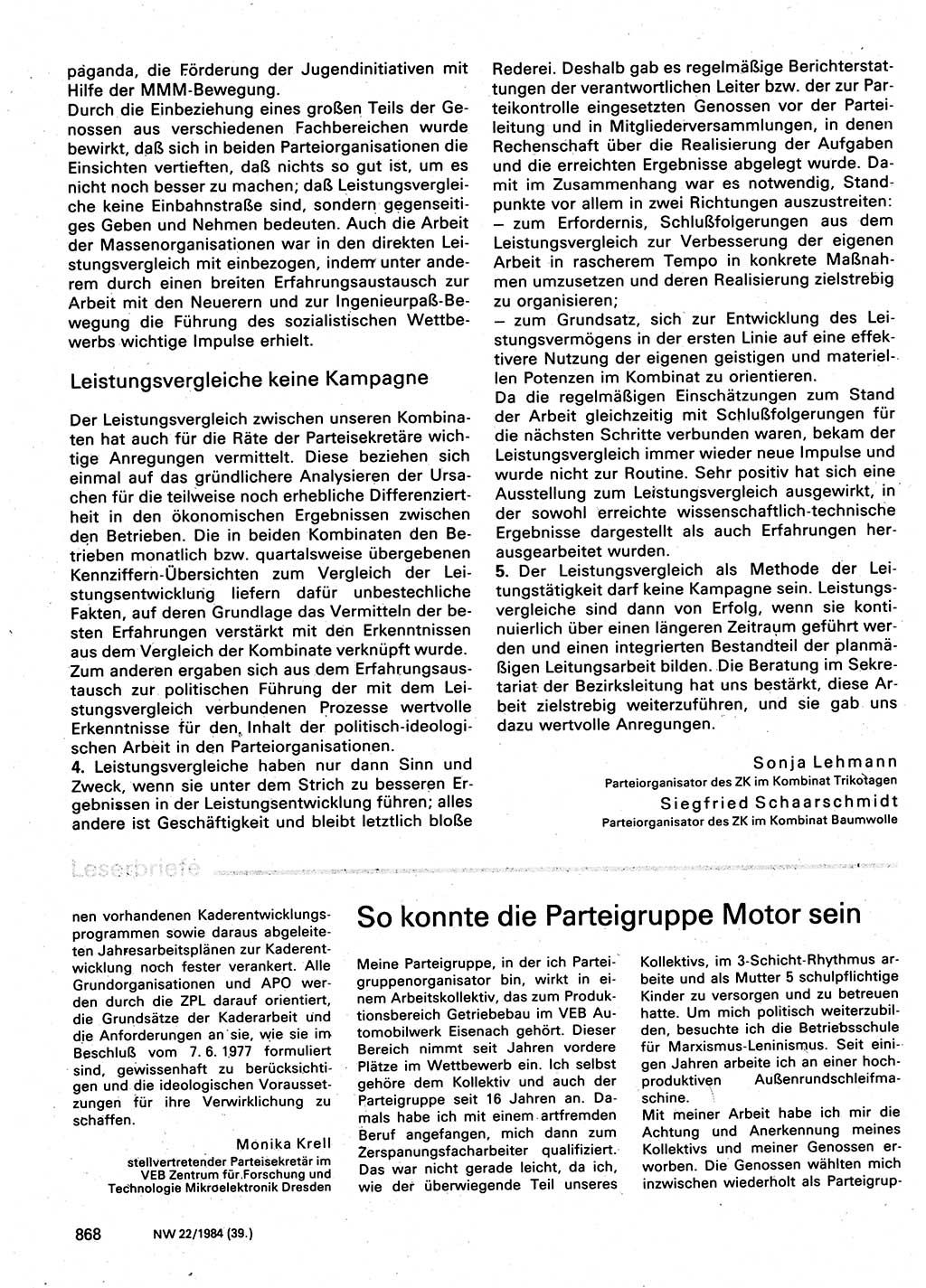Neuer Weg (NW), Organ des Zentralkomitees (ZK) der SED (Sozialistische Einheitspartei Deutschlands) für Fragen des Parteilebens, 39. Jahrgang [Deutsche Demokratische Republik (DDR)] 1984, Seite 868 (NW ZK SED DDR 1984, S. 868)