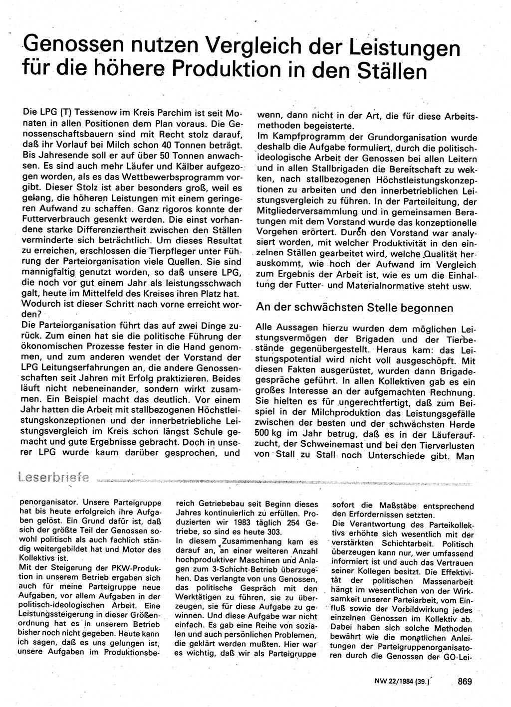 Neuer Weg (NW), Organ des Zentralkomitees (ZK) der SED (Sozialistische Einheitspartei Deutschlands) für Fragen des Parteilebens, 39. Jahrgang [Deutsche Demokratische Republik (DDR)] 1984, Seite 869 (NW ZK SED DDR 1984, S. 869)