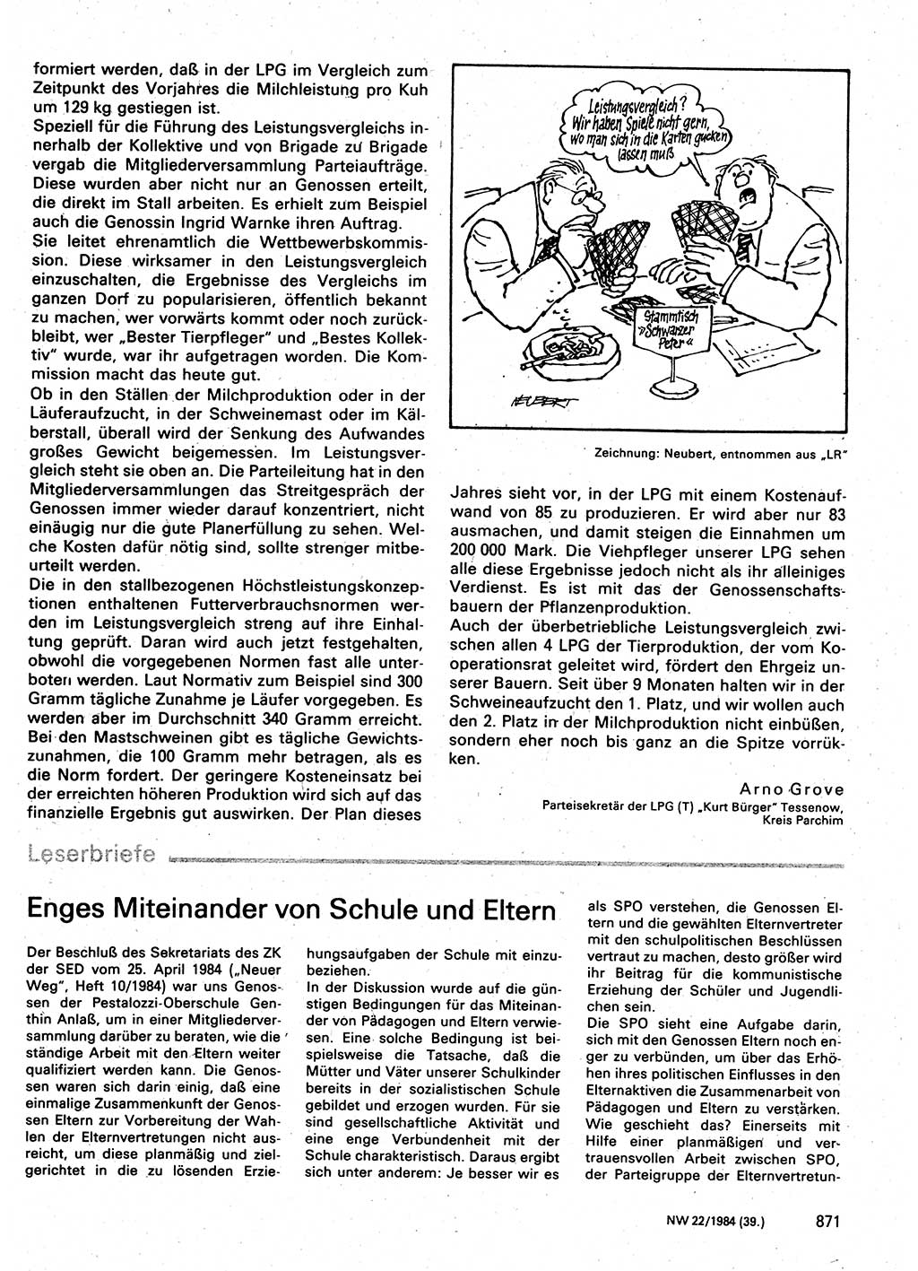 Neuer Weg (NW), Organ des Zentralkomitees (ZK) der SED (Sozialistische Einheitspartei Deutschlands) für Fragen des Parteilebens, 39. Jahrgang [Deutsche Demokratische Republik (DDR)] 1984, Seite 871 (NW ZK SED DDR 1984, S. 871)