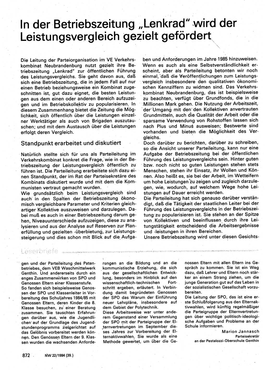 Neuer Weg (NW), Organ des Zentralkomitees (ZK) der SED (Sozialistische Einheitspartei Deutschlands) für Fragen des Parteilebens, 39. Jahrgang [Deutsche Demokratische Republik (DDR)] 1984, Seite 872 (NW ZK SED DDR 1984, S. 872)