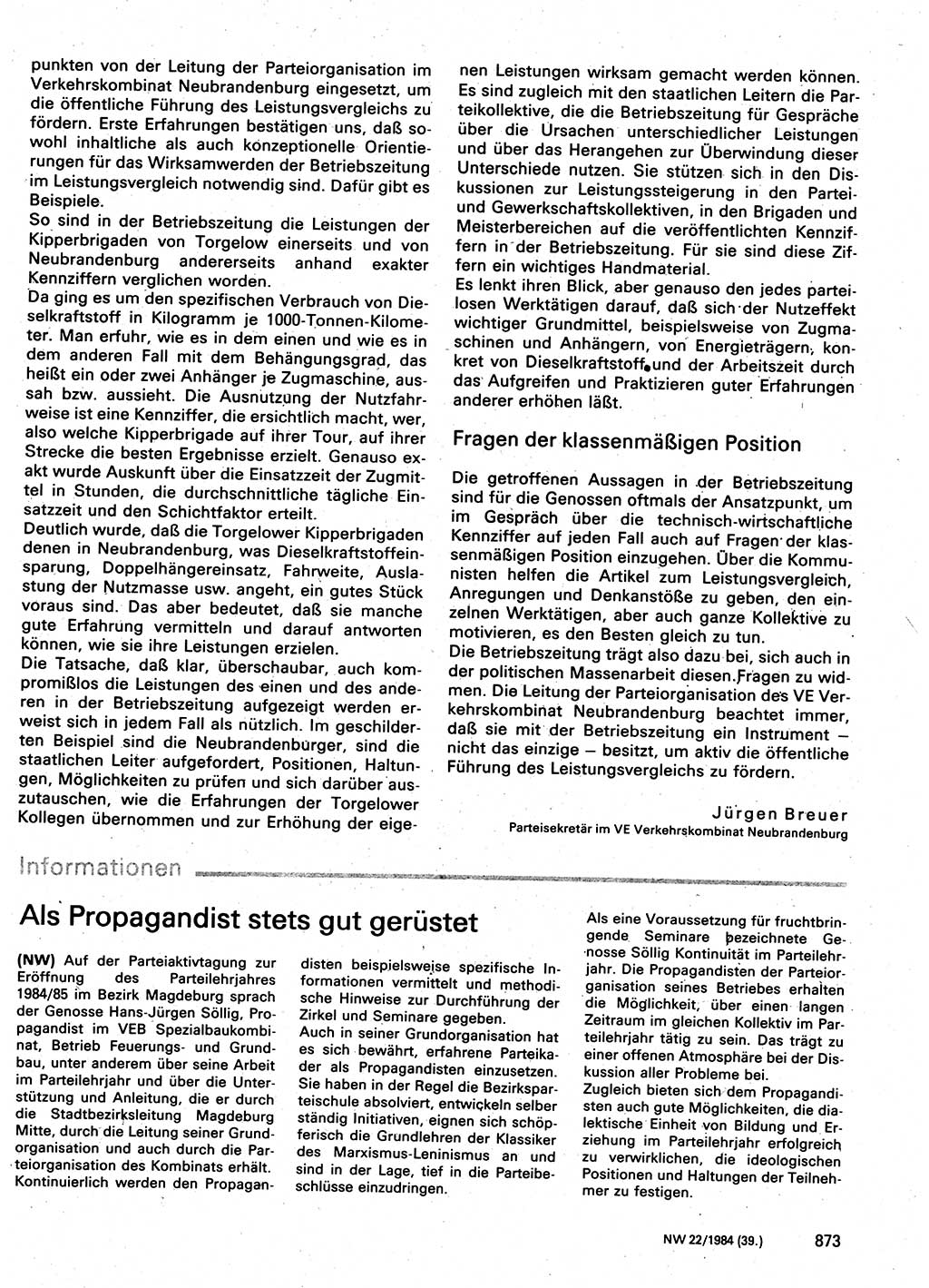 Neuer Weg (NW), Organ des Zentralkomitees (ZK) der SED (Sozialistische Einheitspartei Deutschlands) für Fragen des Parteilebens, 39. Jahrgang [Deutsche Demokratische Republik (DDR)] 1984, Seite 873 (NW ZK SED DDR 1984, S. 873)