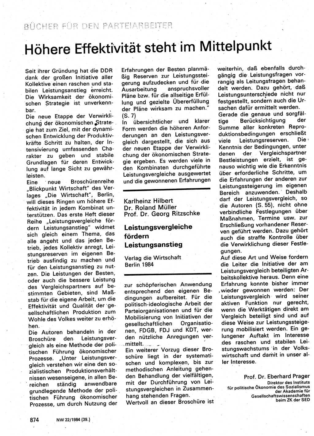Neuer Weg (NW), Organ des Zentralkomitees (ZK) der SED (Sozialistische Einheitspartei Deutschlands) für Fragen des Parteilebens, 39. Jahrgang [Deutsche Demokratische Republik (DDR)] 1984, Seite 874 (NW ZK SED DDR 1984, S. 874)