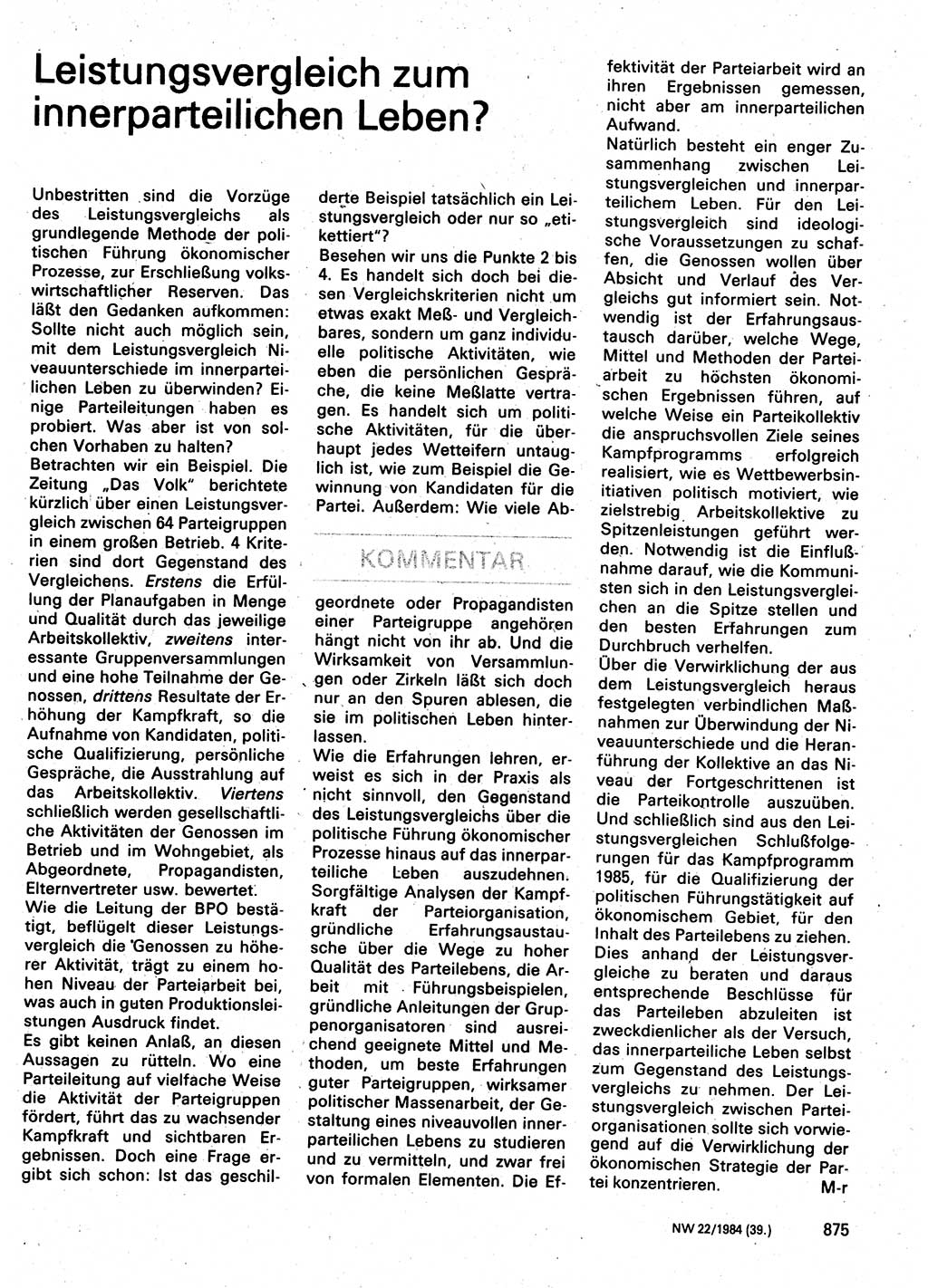 Neuer Weg (NW), Organ des Zentralkomitees (ZK) der SED (Sozialistische Einheitspartei Deutschlands) für Fragen des Parteilebens, 39. Jahrgang [Deutsche Demokratische Republik (DDR)] 1984, Seite 875 (NW ZK SED DDR 1984, S. 875)