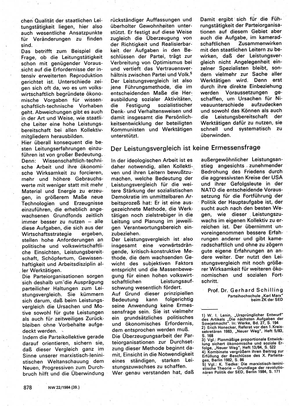 Neuer Weg (NW), Organ des Zentralkomitees (ZK) der SED (Sozialistische Einheitspartei Deutschlands) für Fragen des Parteilebens, 39. Jahrgang [Deutsche Demokratische Republik (DDR)] 1984, Seite 878 (NW ZK SED DDR 1984, S. 878)