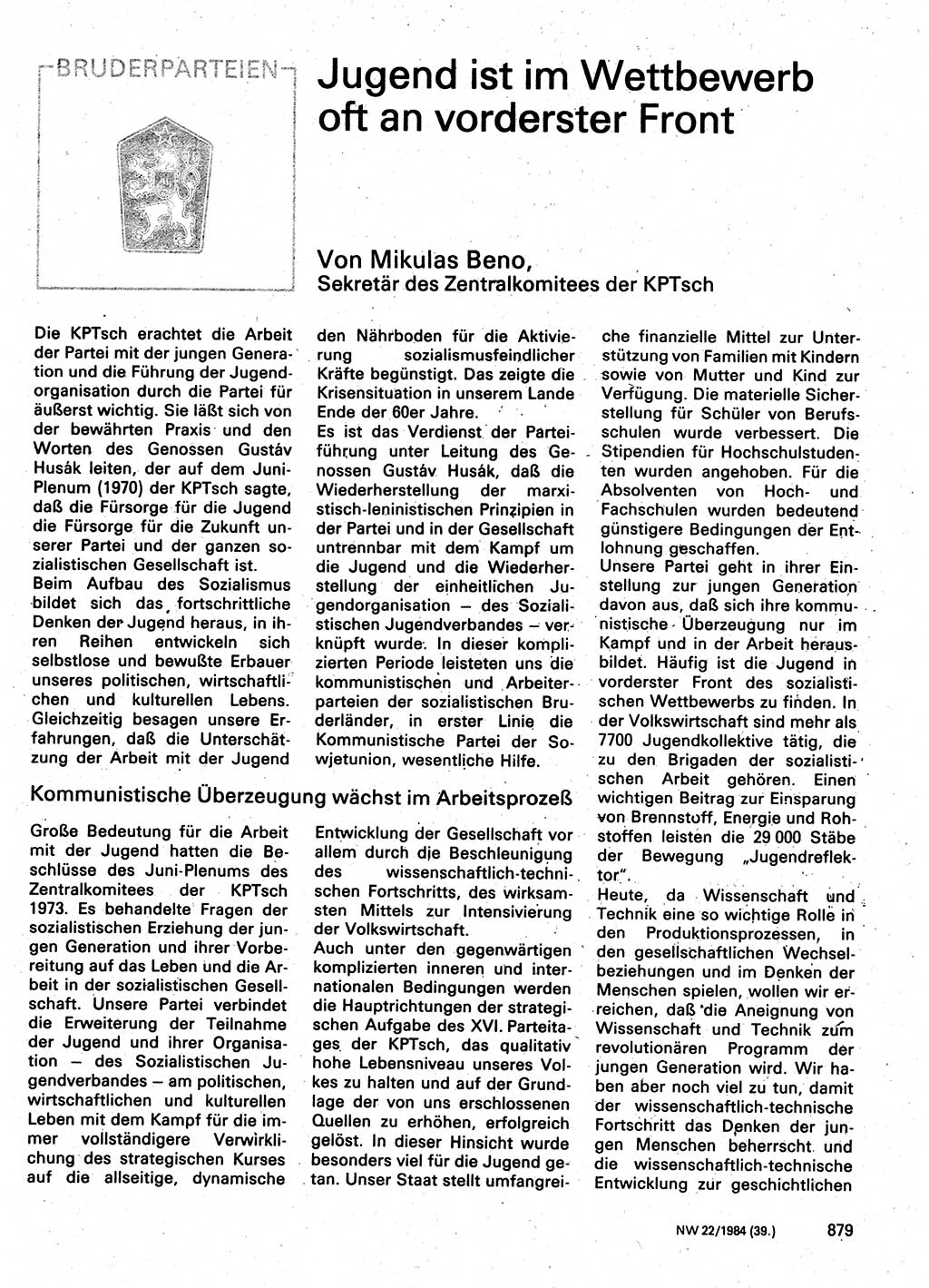 Neuer Weg (NW), Organ des Zentralkomitees (ZK) der SED (Sozialistische Einheitspartei Deutschlands) für Fragen des Parteilebens, 39. Jahrgang [Deutsche Demokratische Republik (DDR)] 1984, Seite 879 (NW ZK SED DDR 1984, S. 879)