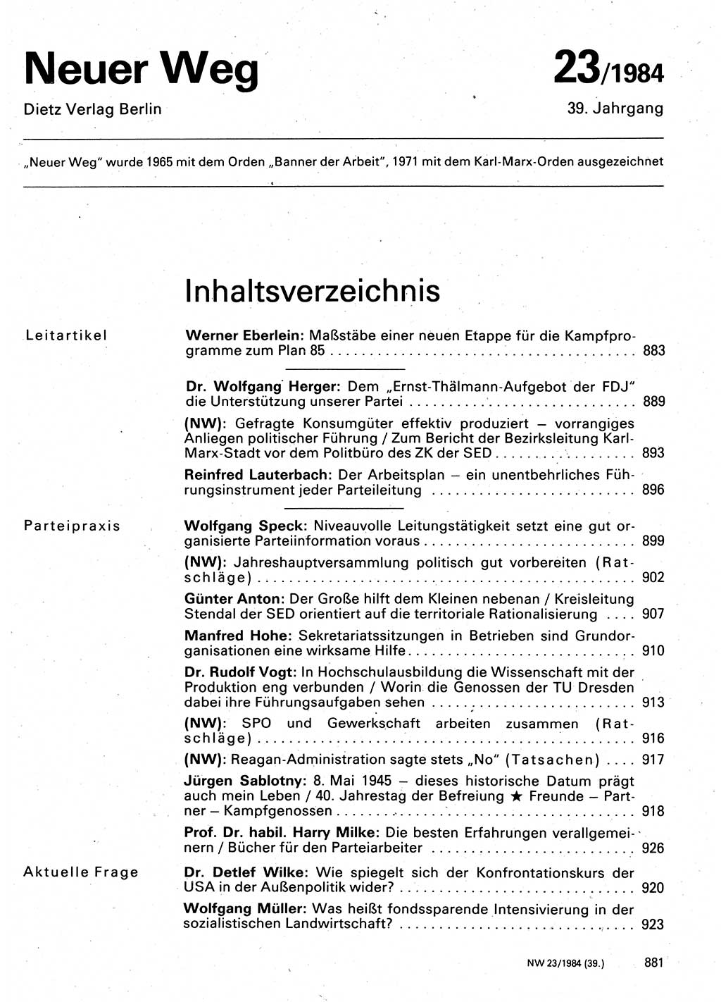 Neuer Weg (NW), Organ des Zentralkomitees (ZK) der SED (Sozialistische Einheitspartei Deutschlands) für Fragen des Parteilebens, 39. Jahrgang [Deutsche Demokratische Republik (DDR)] 1984, Seite 881 (NW ZK SED DDR 1984, S. 881)