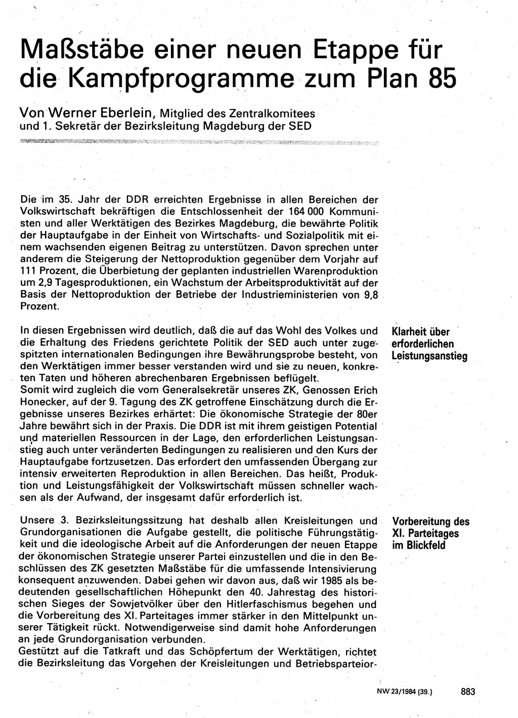 Neuer Weg (NW), Organ des Zentralkomitees (ZK) der SED (Sozialistische Einheitspartei Deutschlands) für Fragen des Parteilebens, 39. Jahrgang [Deutsche Demokratische Republik (DDR)] 1984, Seite 883 (NW ZK SED DDR 1984, S. 883)