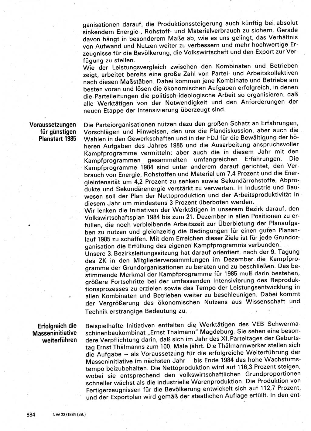 Neuer Weg (NW), Organ des Zentralkomitees (ZK) der SED (Sozialistische Einheitspartei Deutschlands) für Fragen des Parteilebens, 39. Jahrgang [Deutsche Demokratische Republik (DDR)] 1984, Seite 884 (NW ZK SED DDR 1984, S. 884)