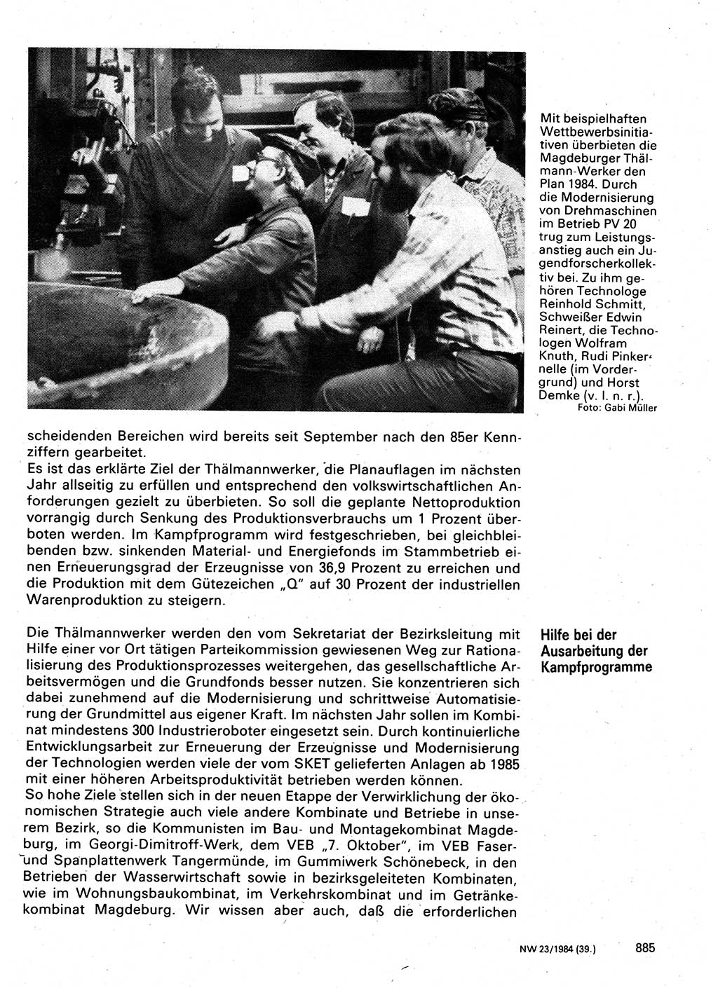 Neuer Weg (NW), Organ des Zentralkomitees (ZK) der SED (Sozialistische Einheitspartei Deutschlands) für Fragen des Parteilebens, 39. Jahrgang [Deutsche Demokratische Republik (DDR)] 1984, Seite 885 (NW ZK SED DDR 1984, S. 885)