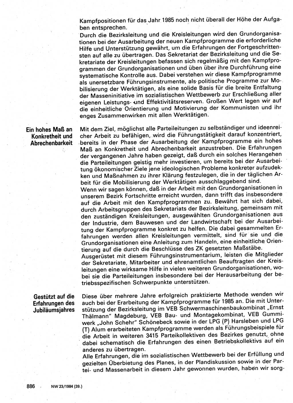 Neuer Weg (NW), Organ des Zentralkomitees (ZK) der SED (Sozialistische Einheitspartei Deutschlands) für Fragen des Parteilebens, 39. Jahrgang [Deutsche Demokratische Republik (DDR)] 1984, Seite 886 (NW ZK SED DDR 1984, S. 886)