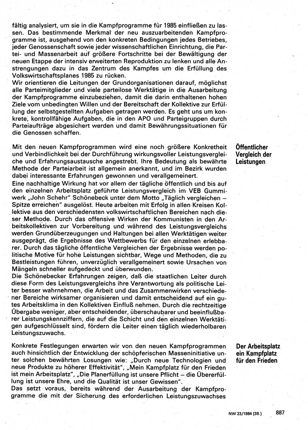 Neuer Weg (NW), Organ des Zentralkomitees (ZK) der SED (Sozialistische Einheitspartei Deutschlands) für Fragen des Parteilebens, 39. Jahrgang [Deutsche Demokratische Republik (DDR)] 1984, Seite 887 (NW ZK SED DDR 1984, S. 887)