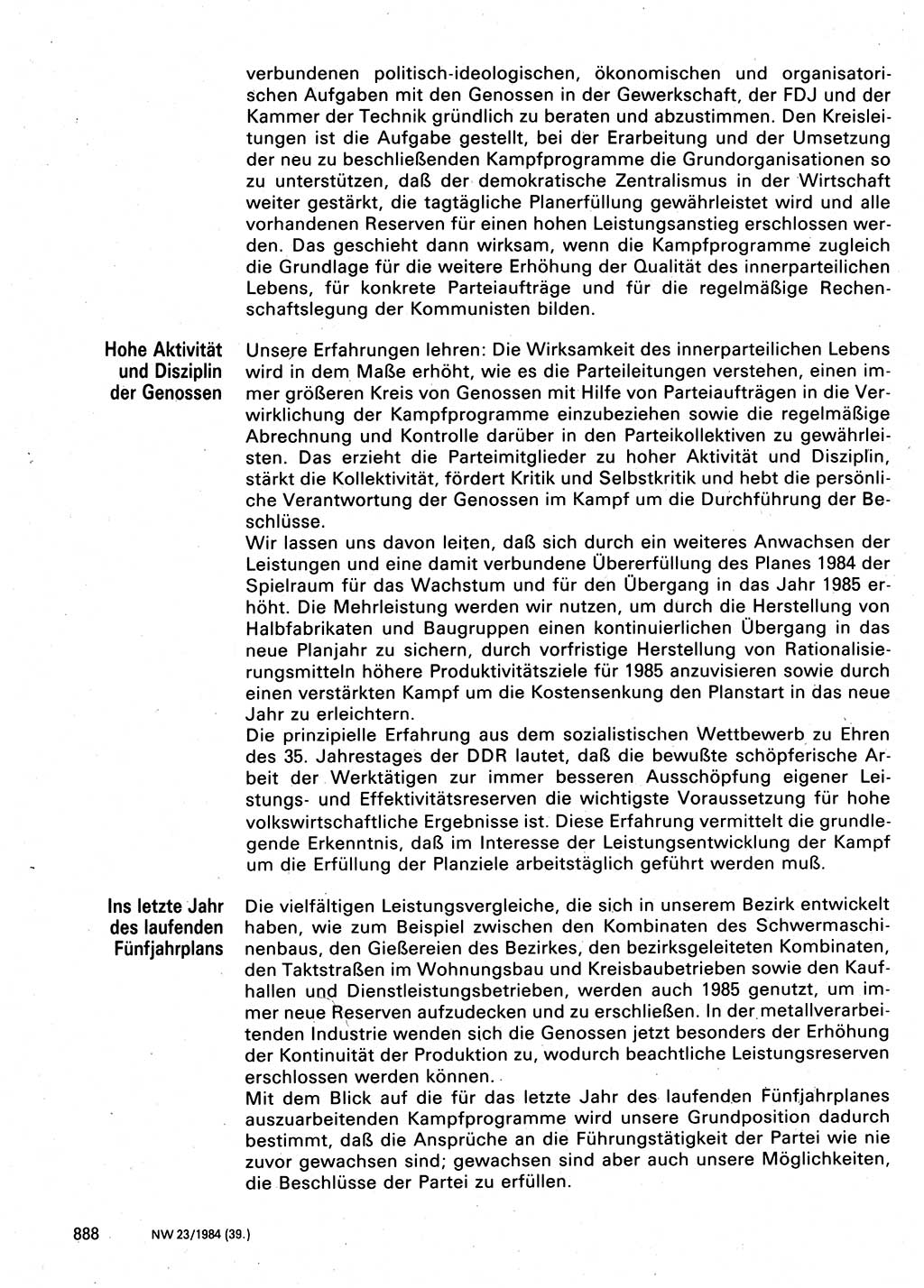 Neuer Weg (NW), Organ des Zentralkomitees (ZK) der SED (Sozialistische Einheitspartei Deutschlands) für Fragen des Parteilebens, 39. Jahrgang [Deutsche Demokratische Republik (DDR)] 1984, Seite 888 (NW ZK SED DDR 1984, S. 888)